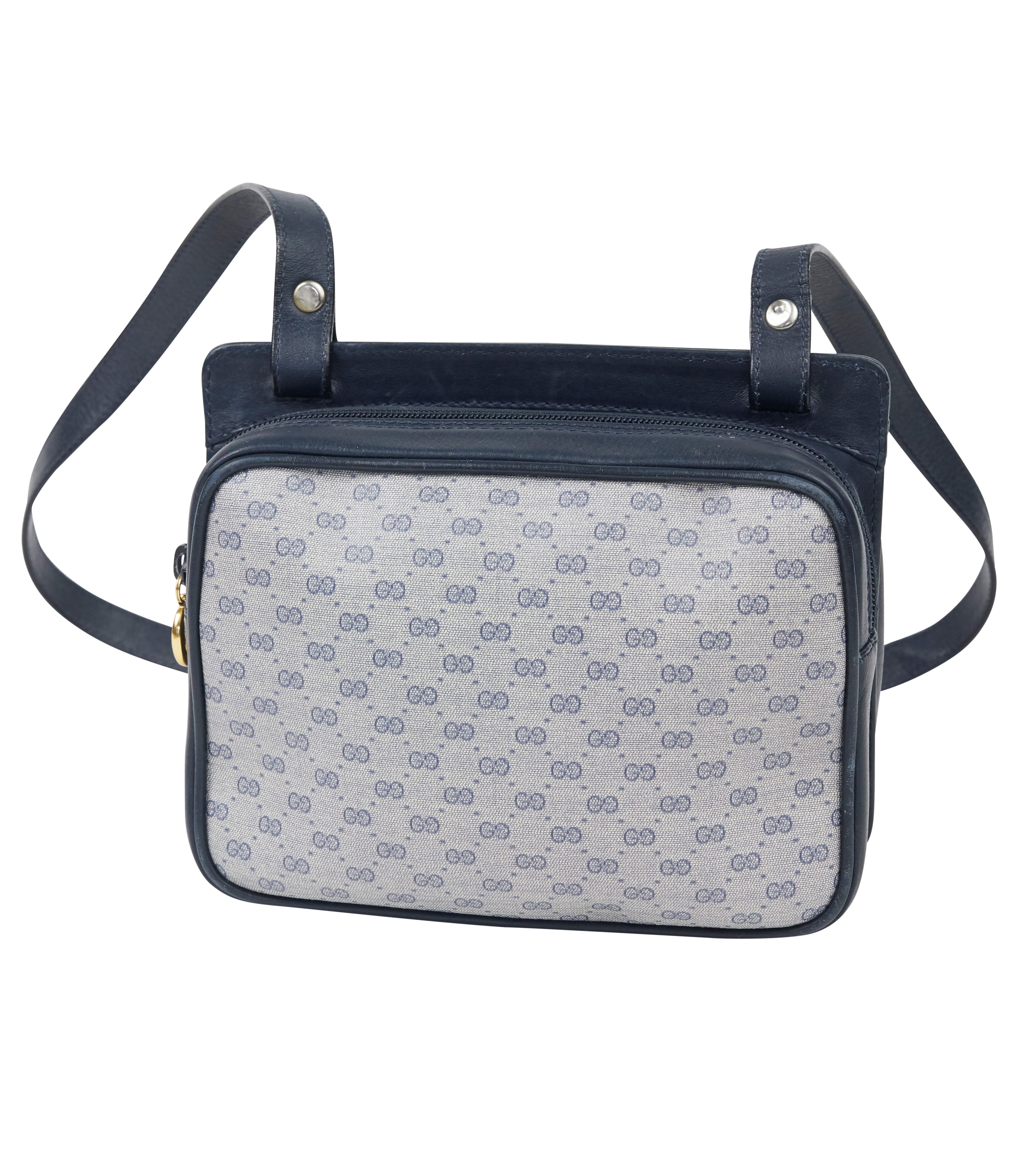 1980s Navy Monogram Canvas and Leather Shoulder Bag