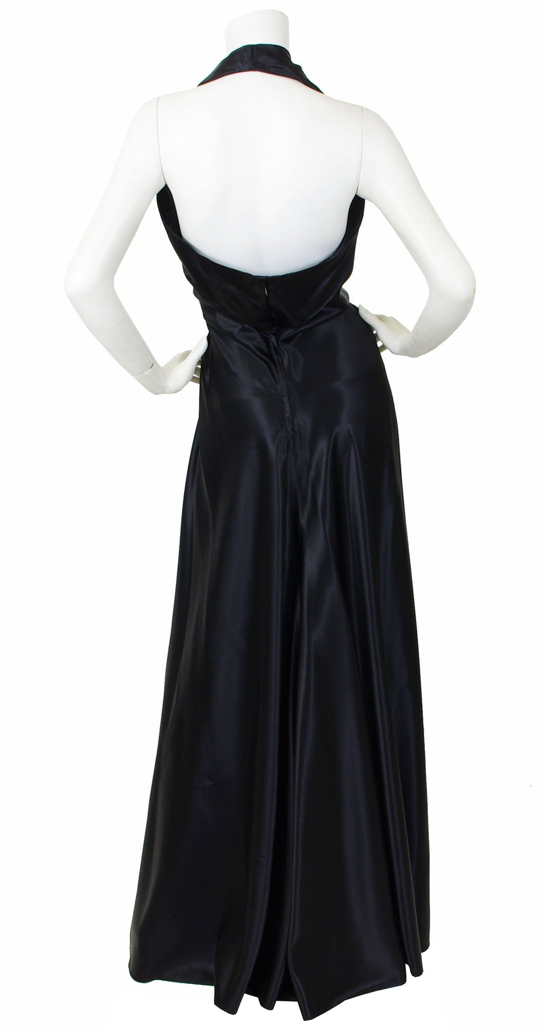 1940's Sequin Plunge Neck Black Liquid Satin Halter Gown