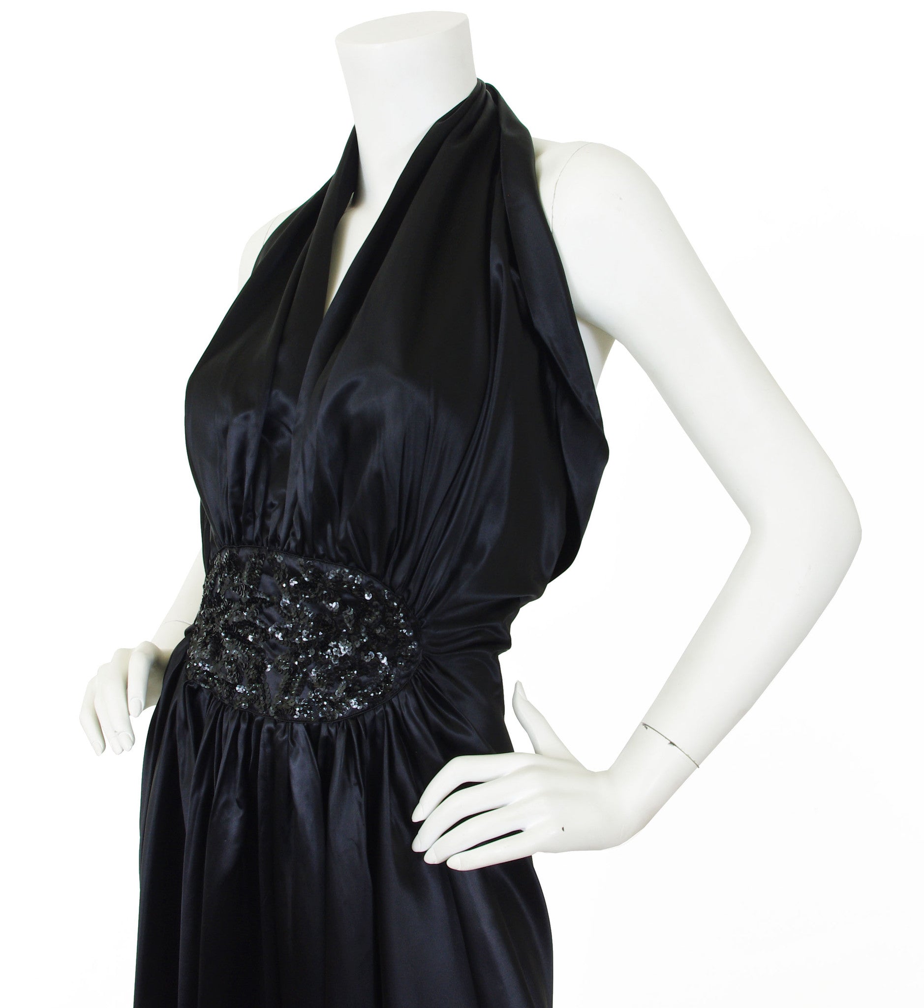 1940's Sequin Plunge Neck Black Liquid Satin Halter Gown