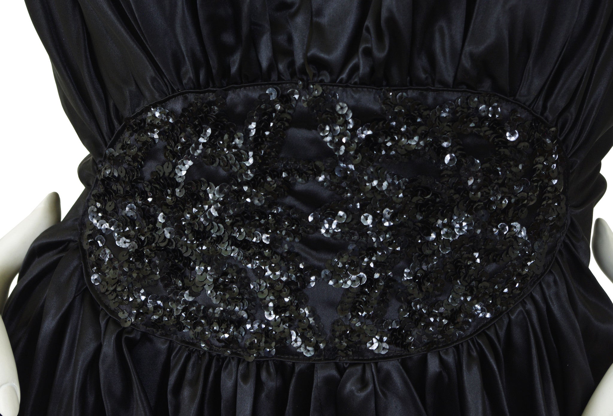 1940's Sequin Plunge Neck Black Liquid Satin Halter Gown