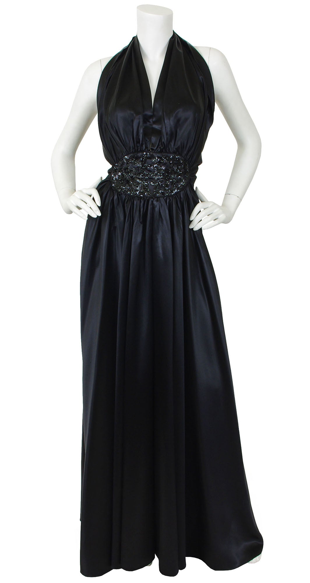 1940's Sequin Plunge Neck Black Liquid Satin Halter Gown