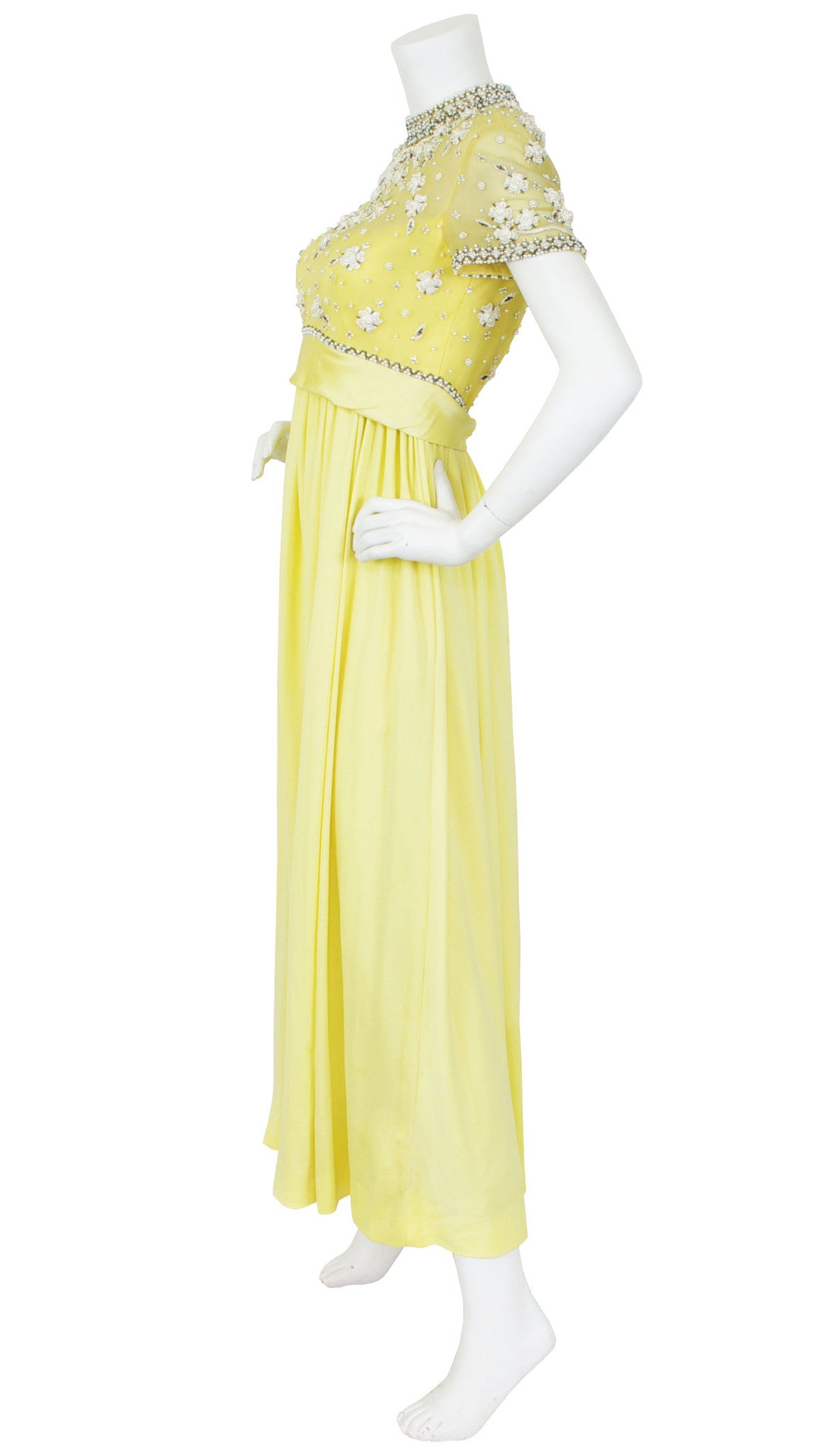 Intricately Beaded Yellow Jersey Evening Gown