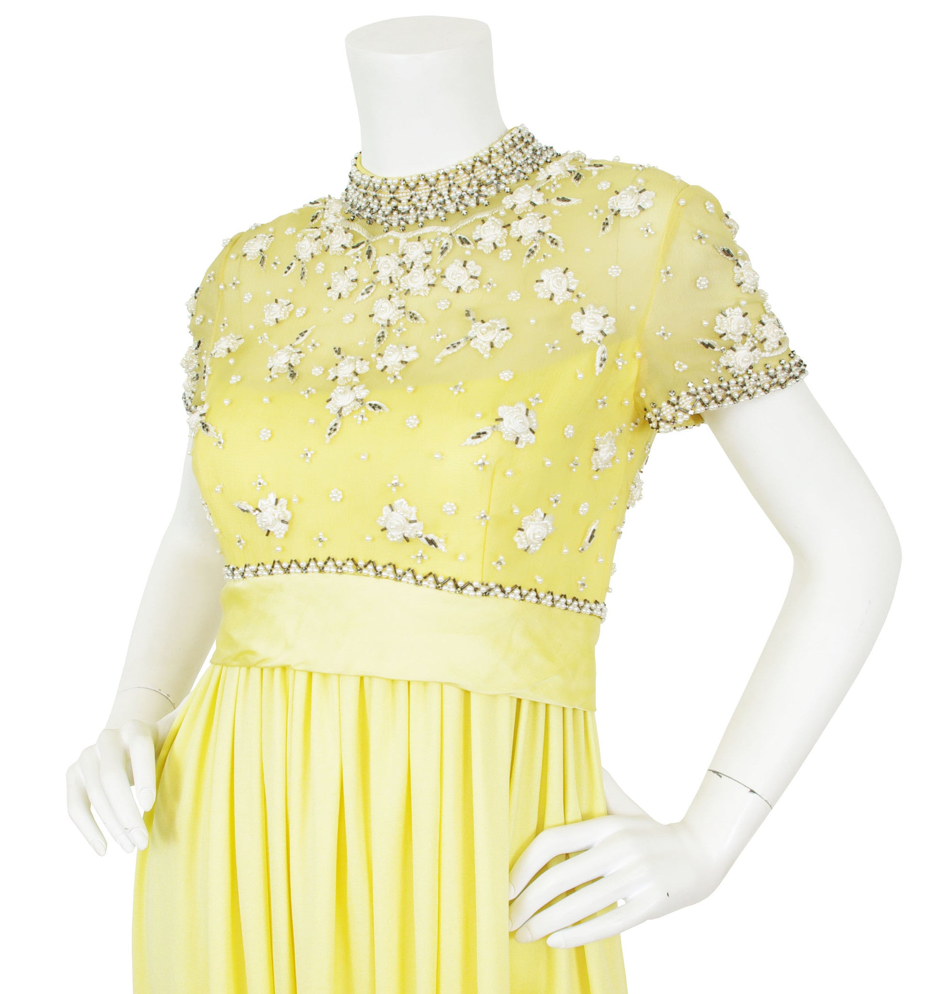 Intricately Beaded Yellow Jersey Evening Gown