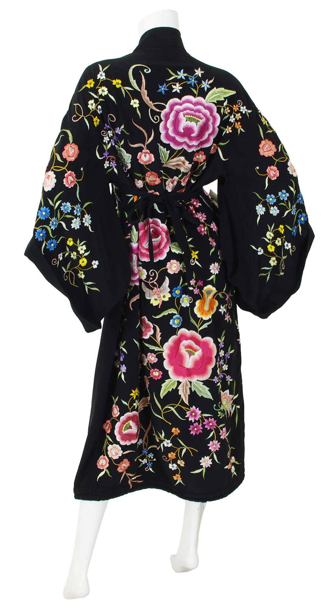 Art Deco Exceptional Floral Embroidered Black Kimono Wrap