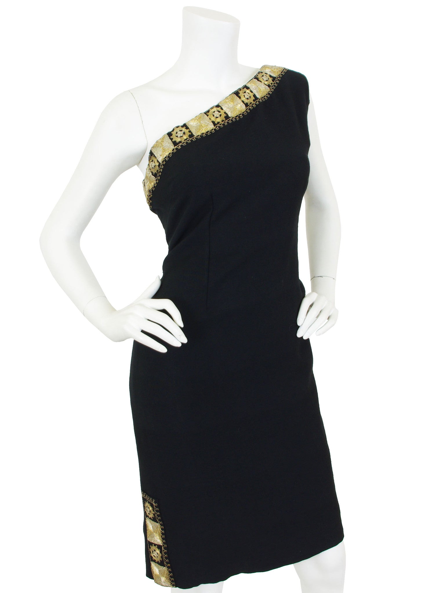 Early 1960's Gold Embroidered Black Wool One Shoulder Dress