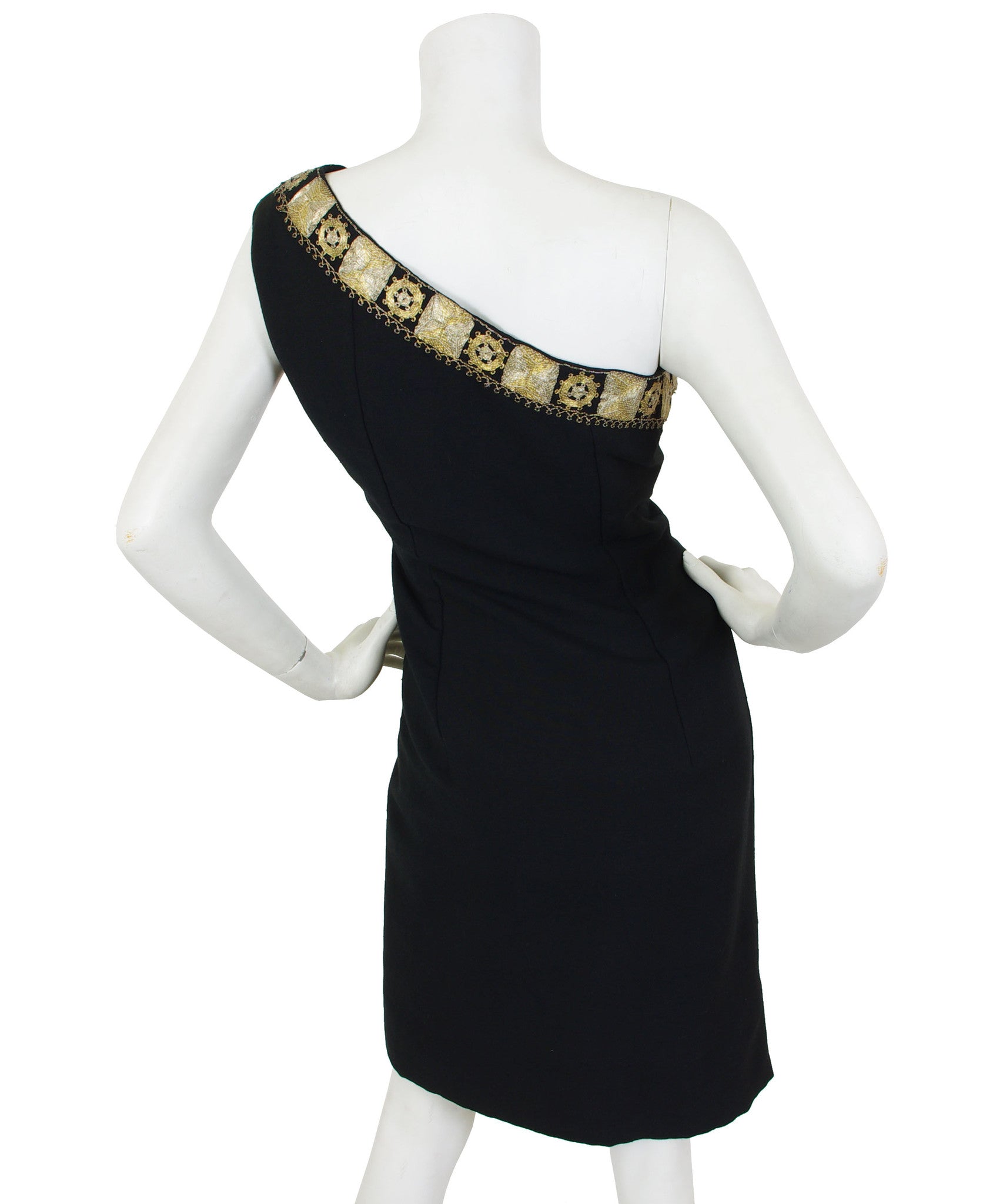 Early 1960's Gold Embroidered Black Wool One Shoulder Dress