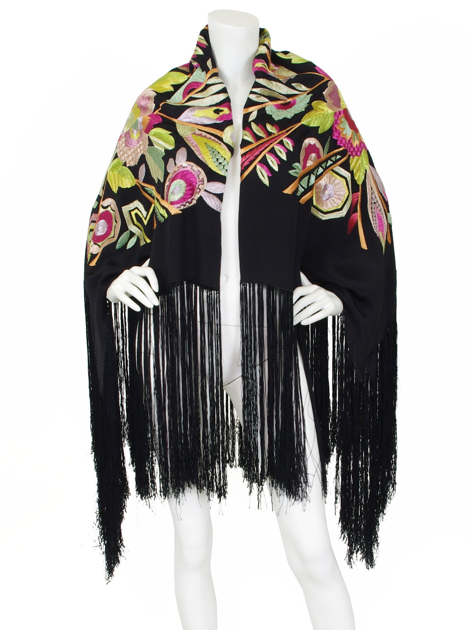 1920s Art Deco Embroidered Silk Fringe Piano Shawl