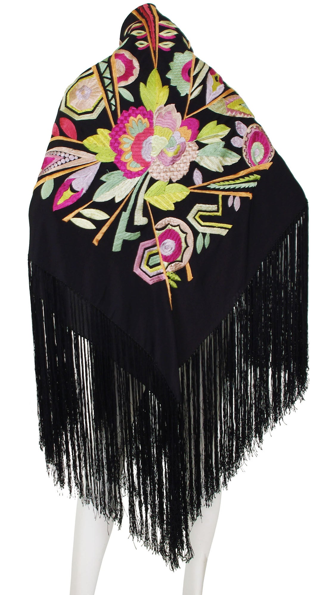 1920s Art Deco Embroidered Silk Fringe Piano Shawl