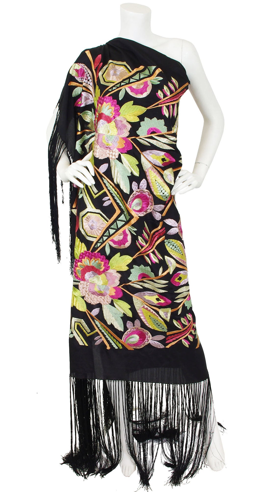 1920s Art Deco Embroidered Silk Fringe Piano Shawl