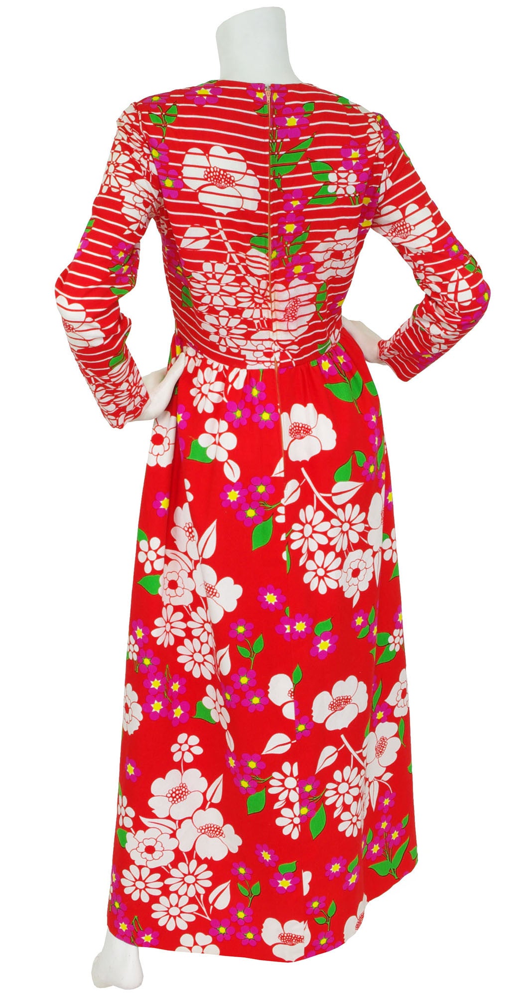 1973 S/S Red Floral Cotton & Crepe Maxi Dress