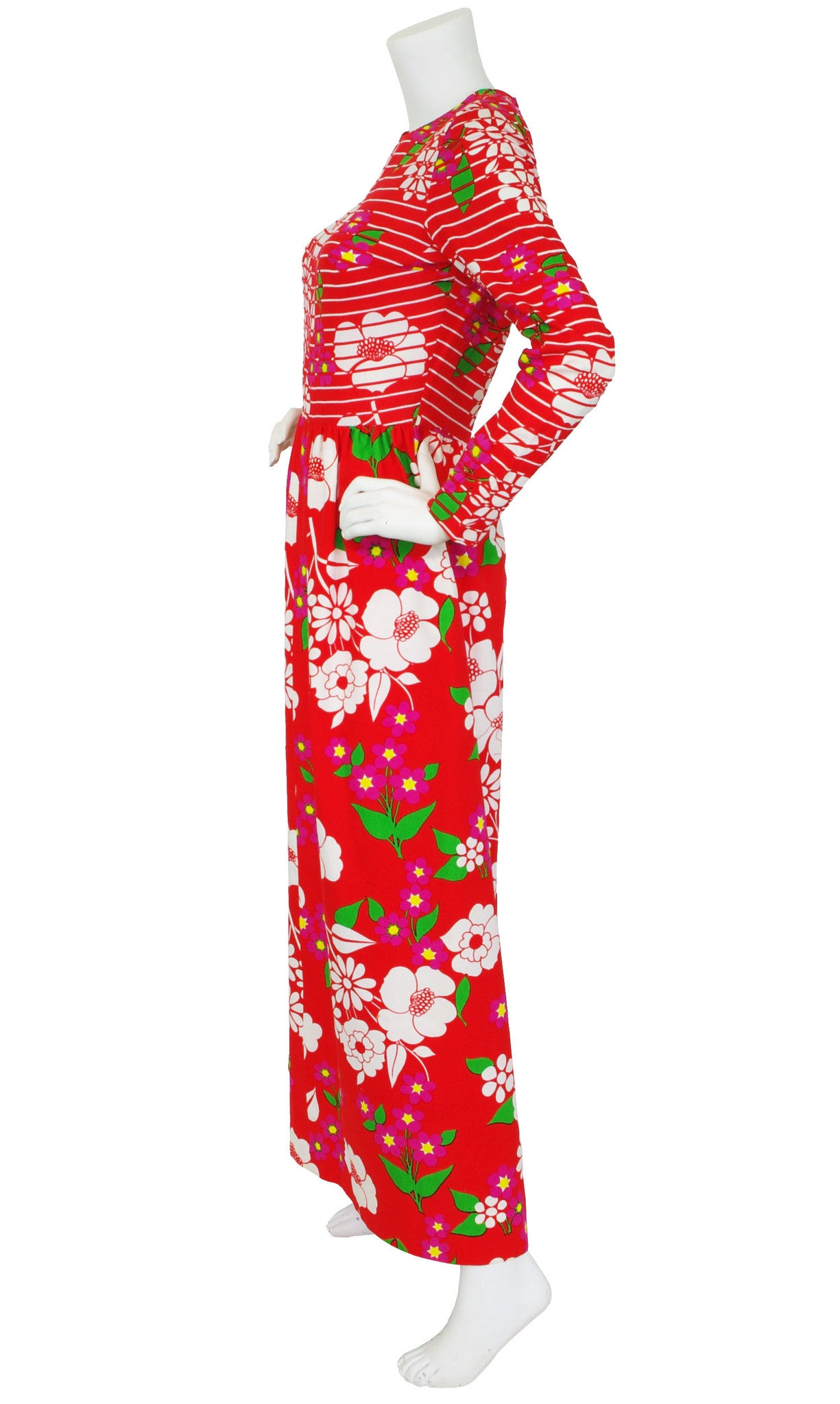 1973 S/S Red Floral Cotton & Crepe Maxi Dress