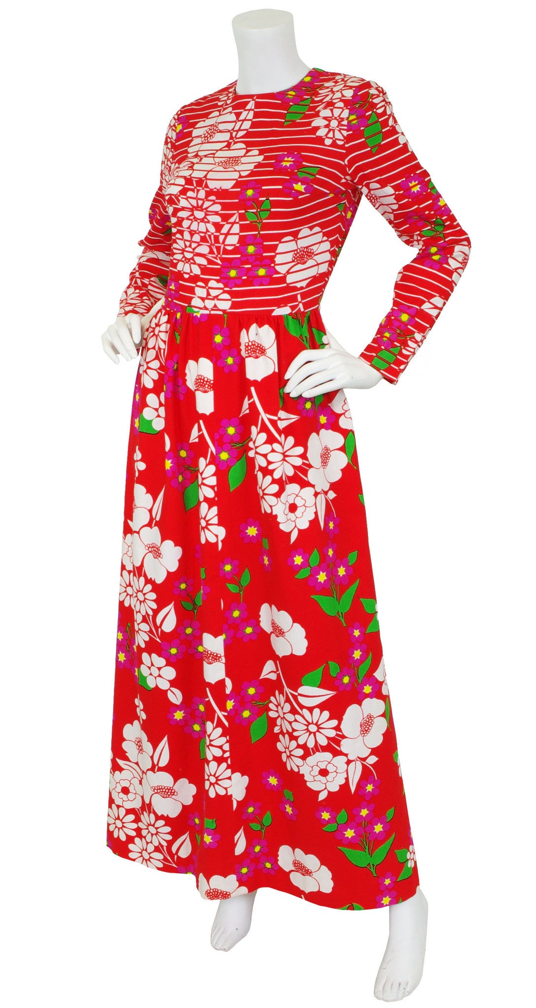 1973 S/S Red Floral Cotton & Crepe Maxi Dress