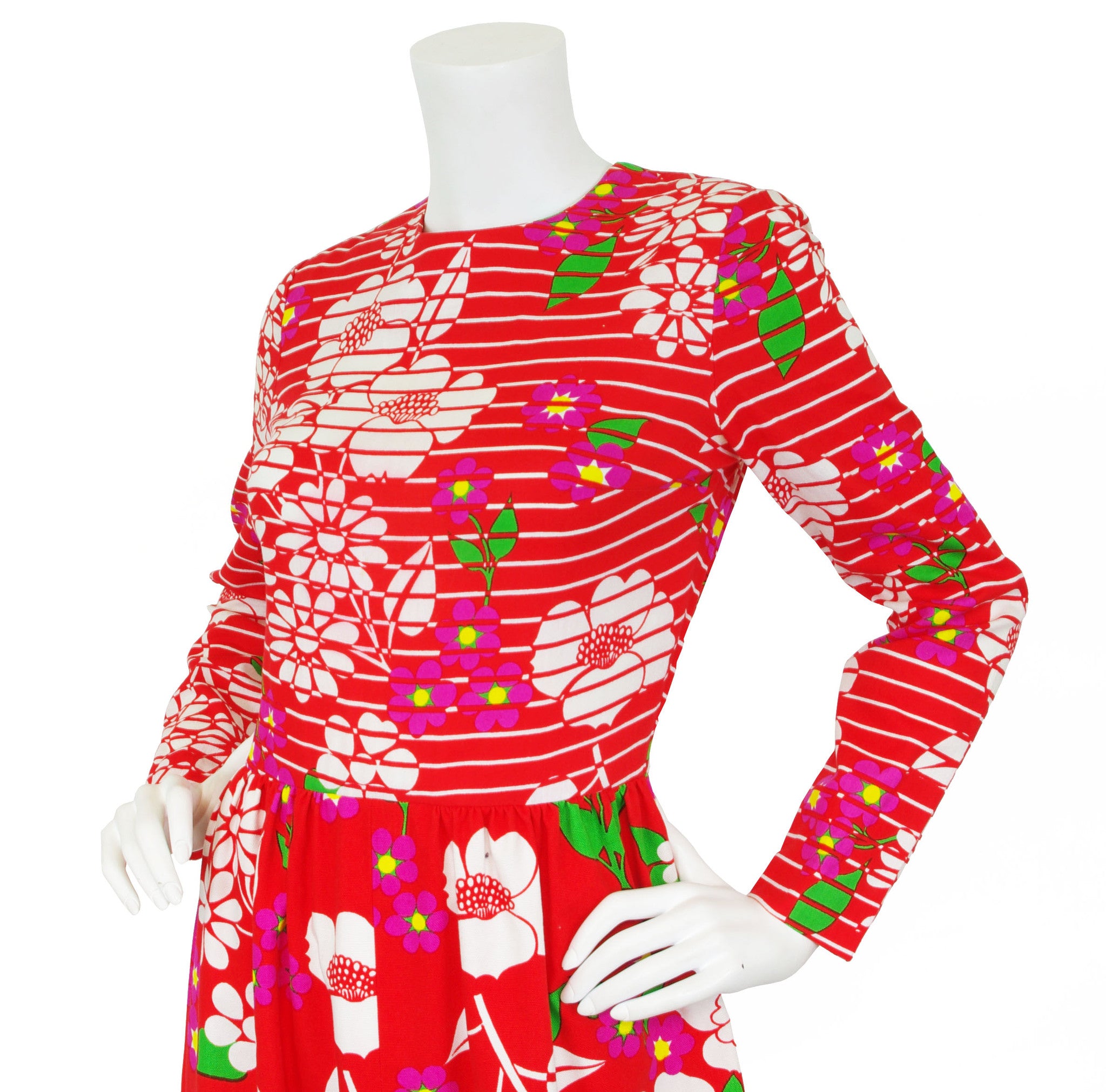 1973 S/S Red Floral Cotton & Crepe Maxi Dress