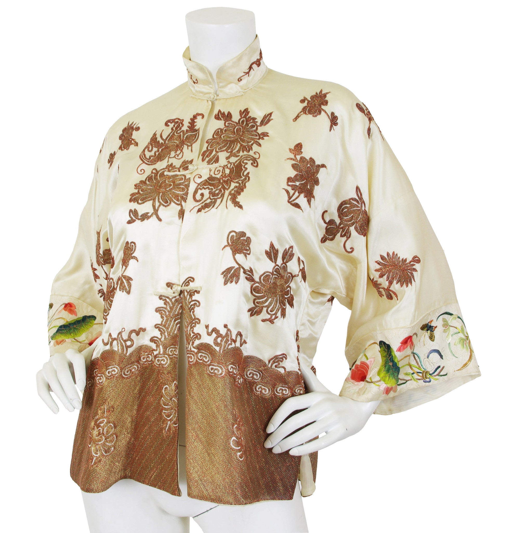 1930s Asian Silk Embroidered Bronze Couching Mandarin Jacket