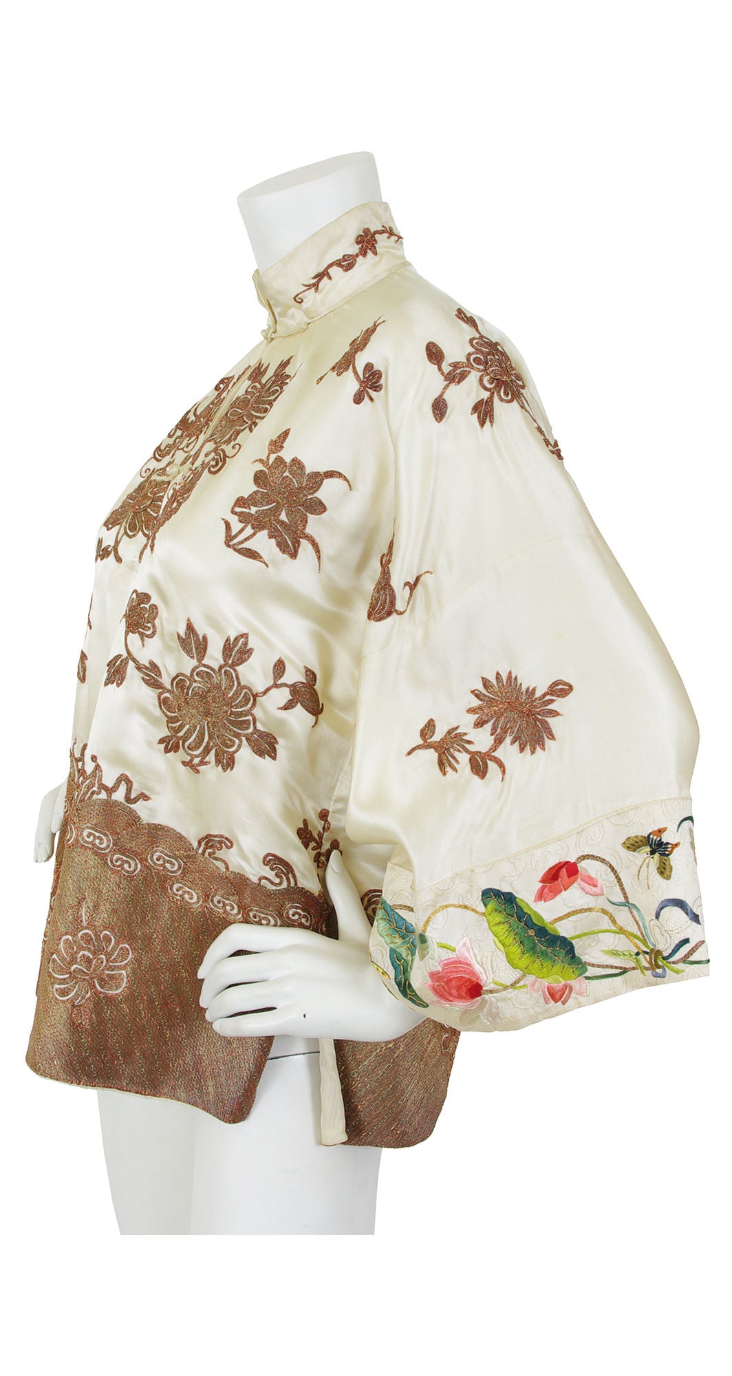 1930s Asian Silk Embroidered Bronze Couching Mandarin Jacket