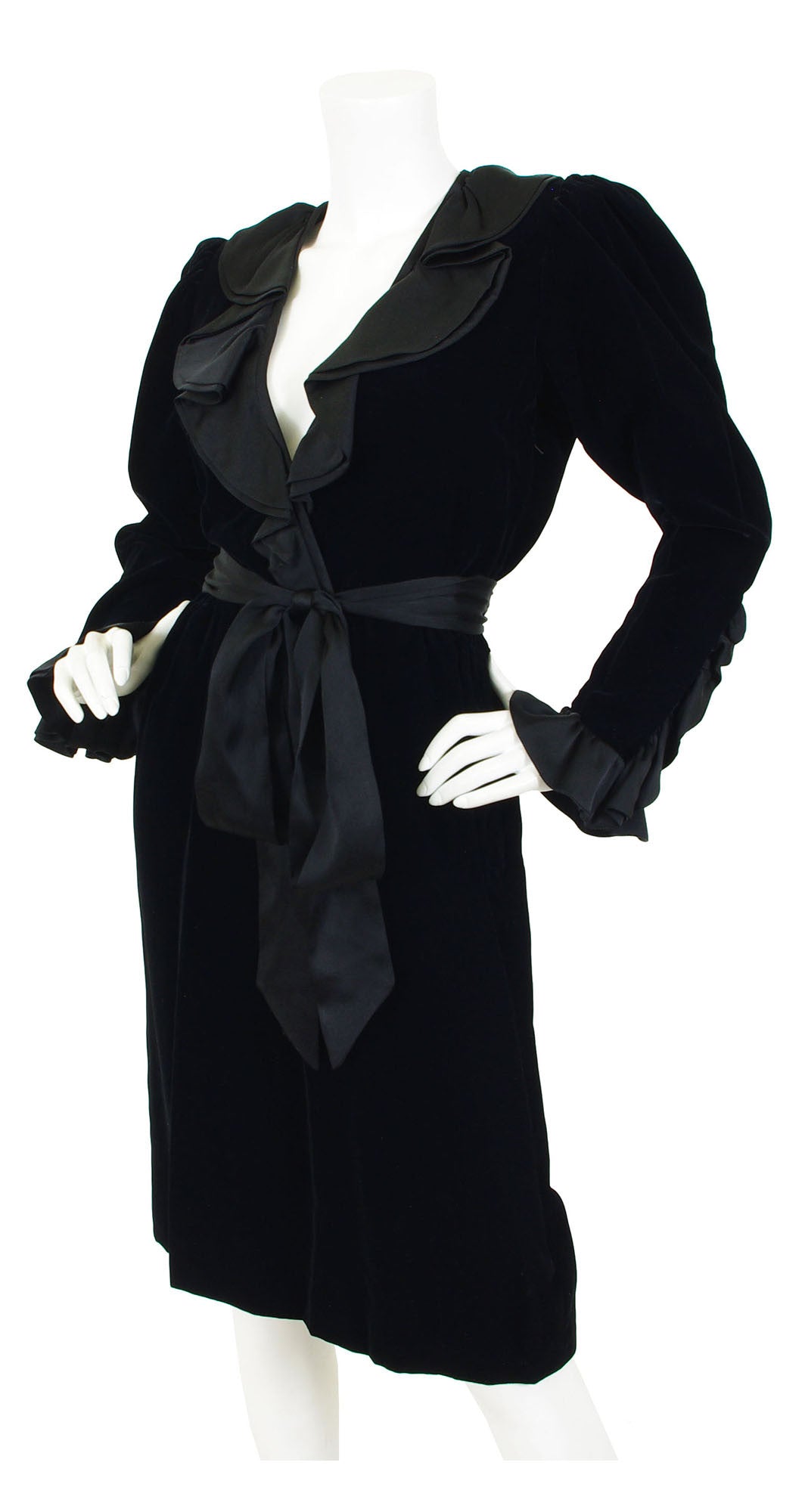 1986 Documented Black Velvet & Satin Ruffle Evening Dress