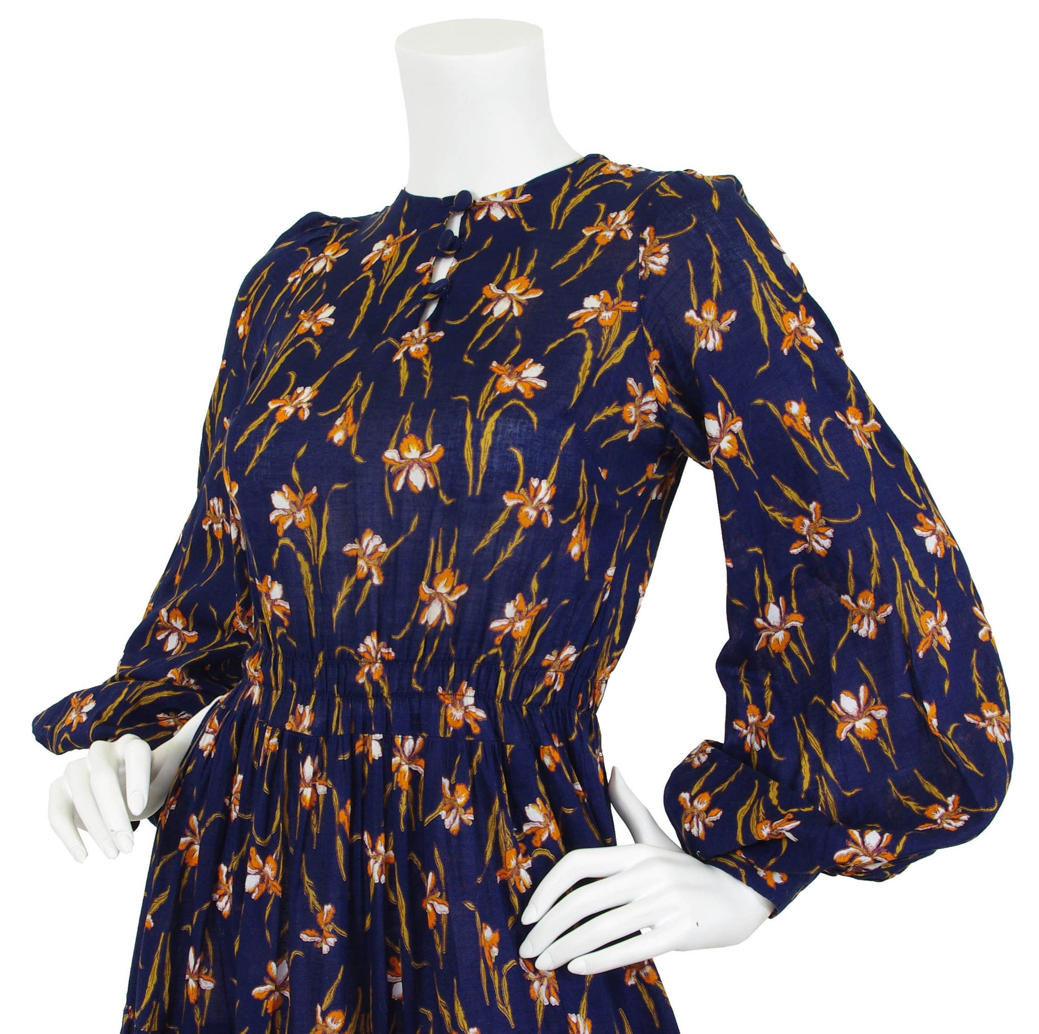 1970's Iris Art Nouveau Navy Cotton Balloon Sleeve Dress