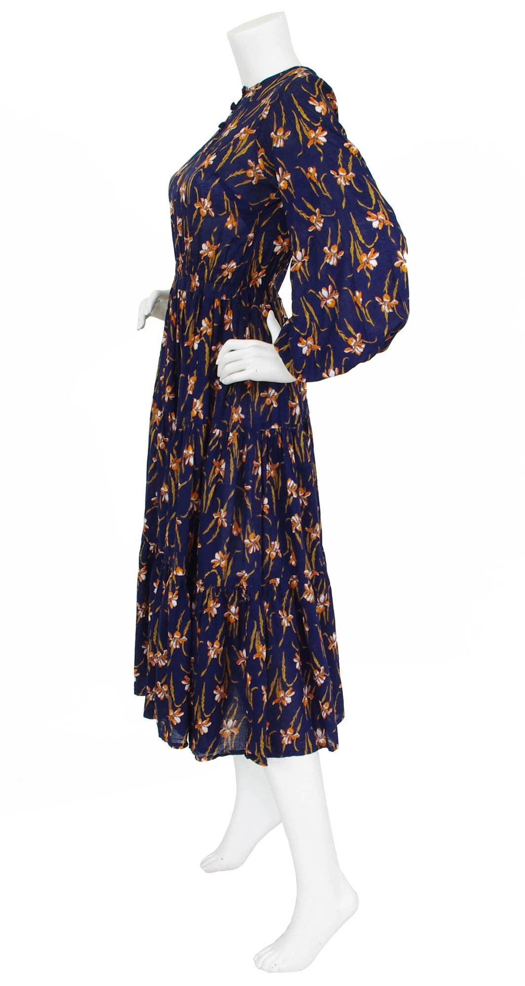 1970's Iris Art Nouveau Navy Cotton Balloon Sleeve Dress