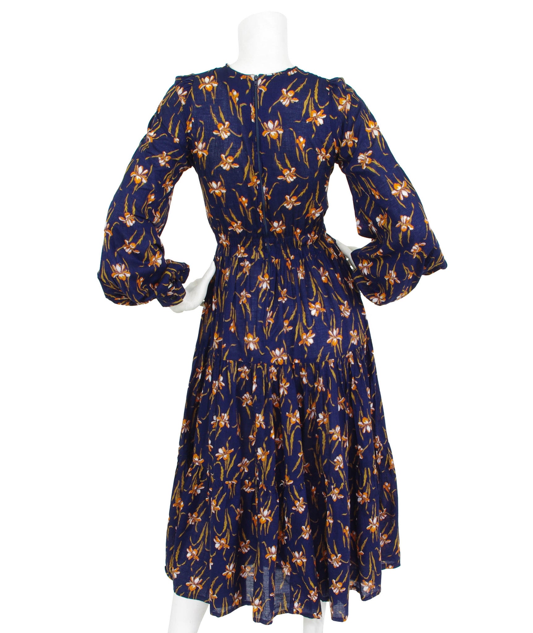 1970's Iris Art Nouveau Navy Cotton Balloon Sleeve Dress