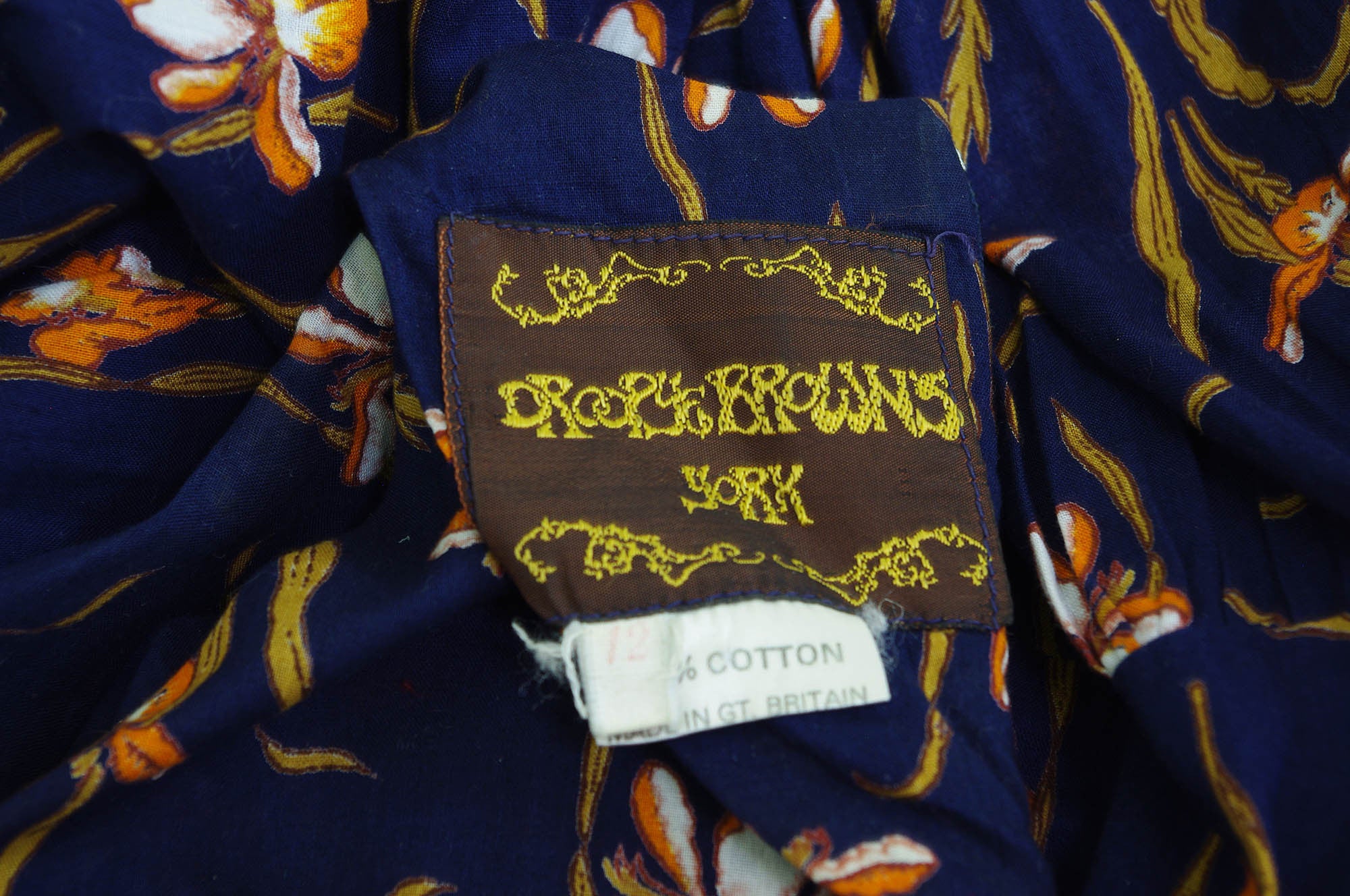 1970's Iris Art Nouveau Navy Cotton Balloon Sleeve Dress