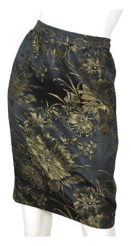 1980s Gold & Black Floral Brocade Pencil Skirt