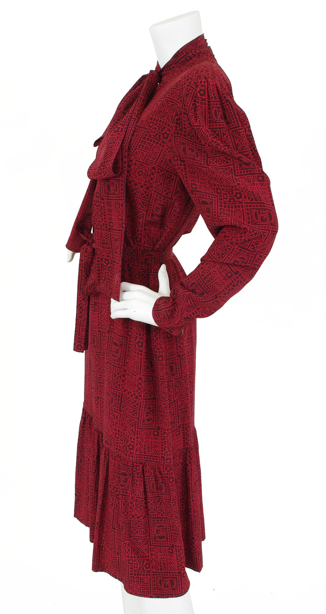 1970's Burgundy Logo Silk Ascot Secretary Dress