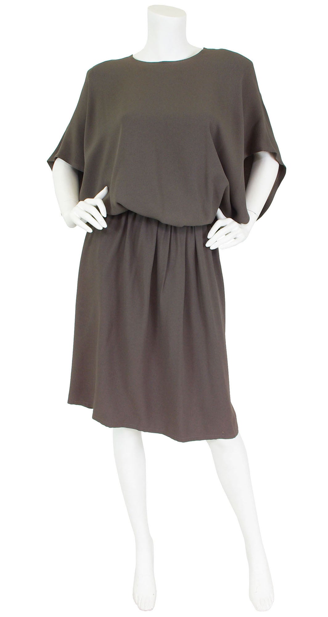 Early 1980s Grey Crepe Blouson Dress