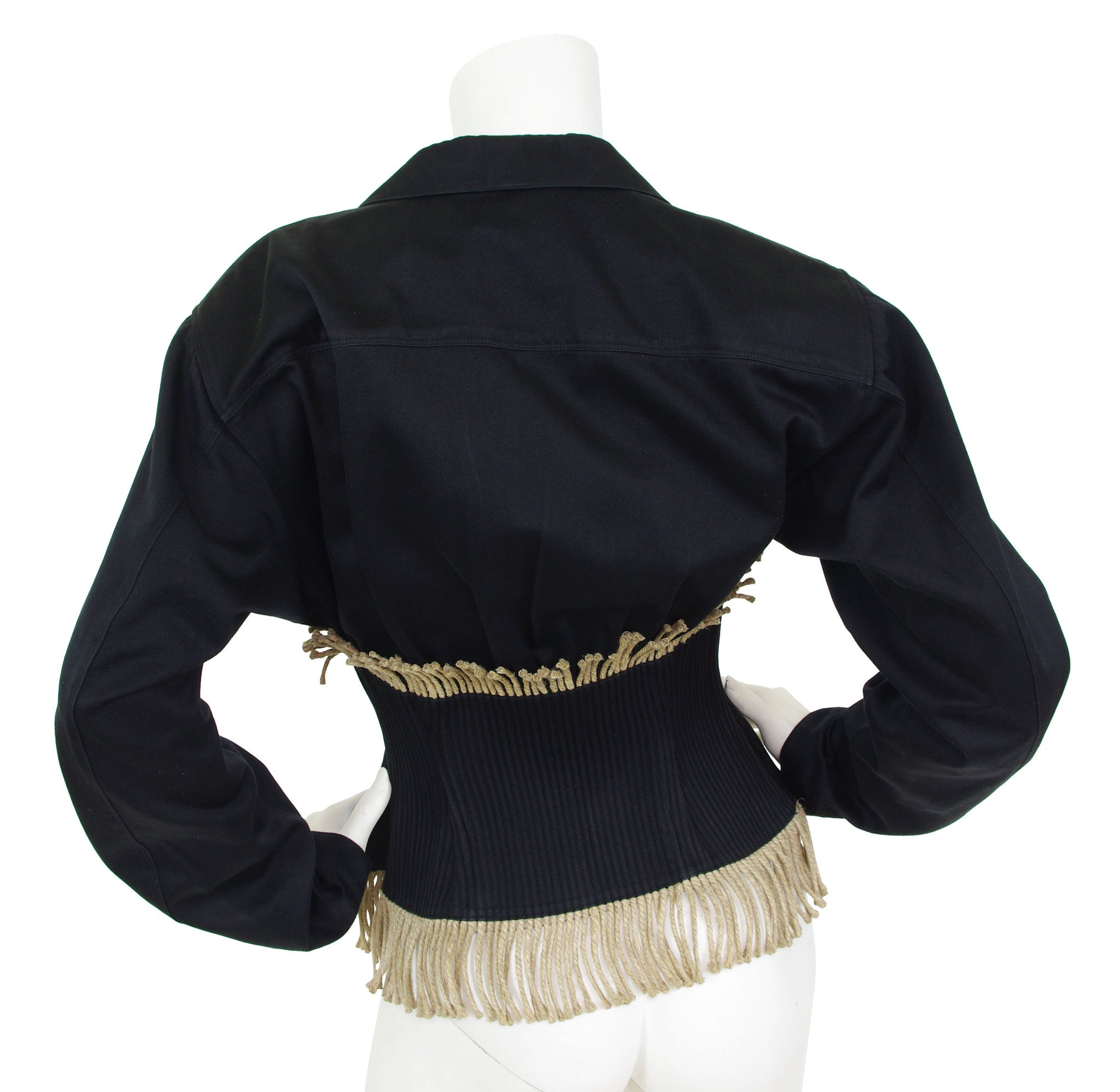c. 1988 Twine Fringe Black Cotton Corset Jacket
