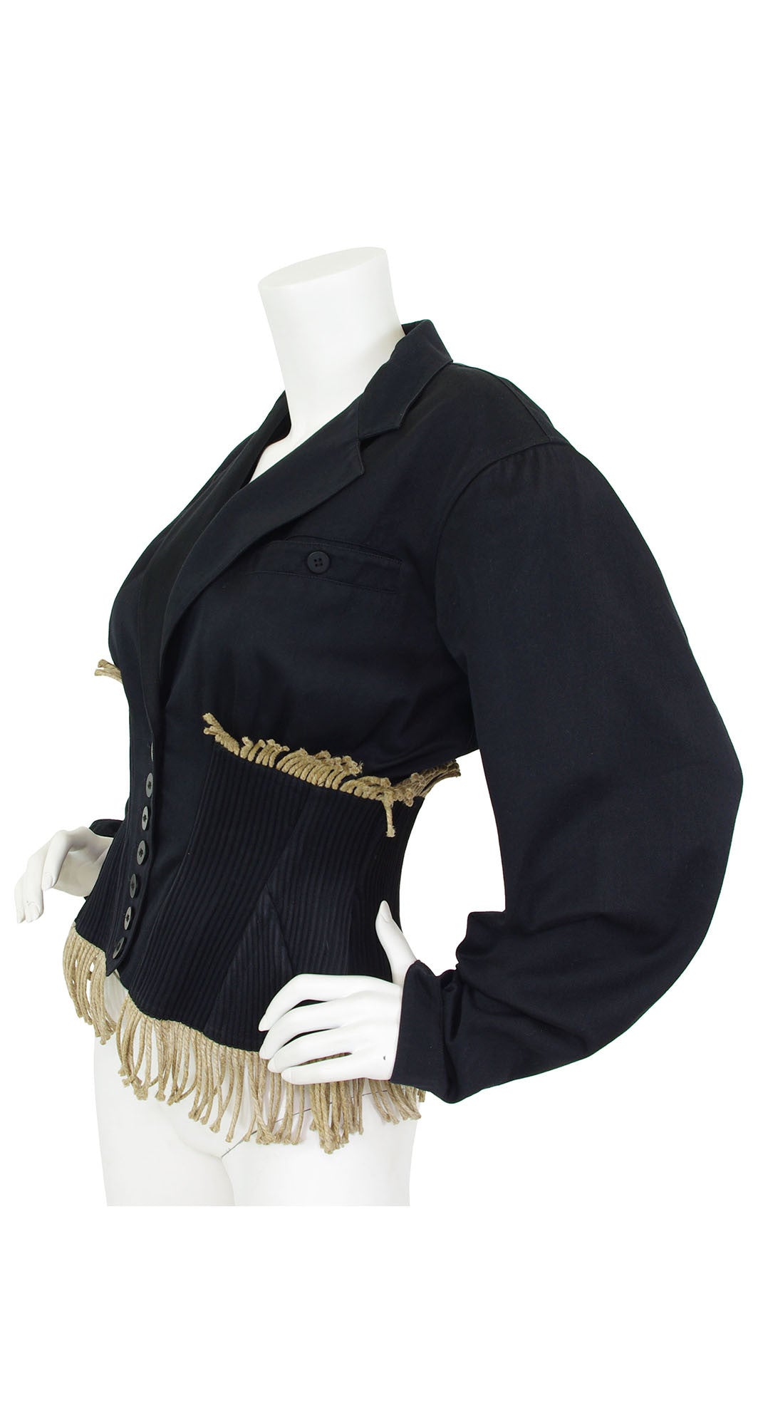 c. 1988 Twine Fringe Black Cotton Corset Jacket