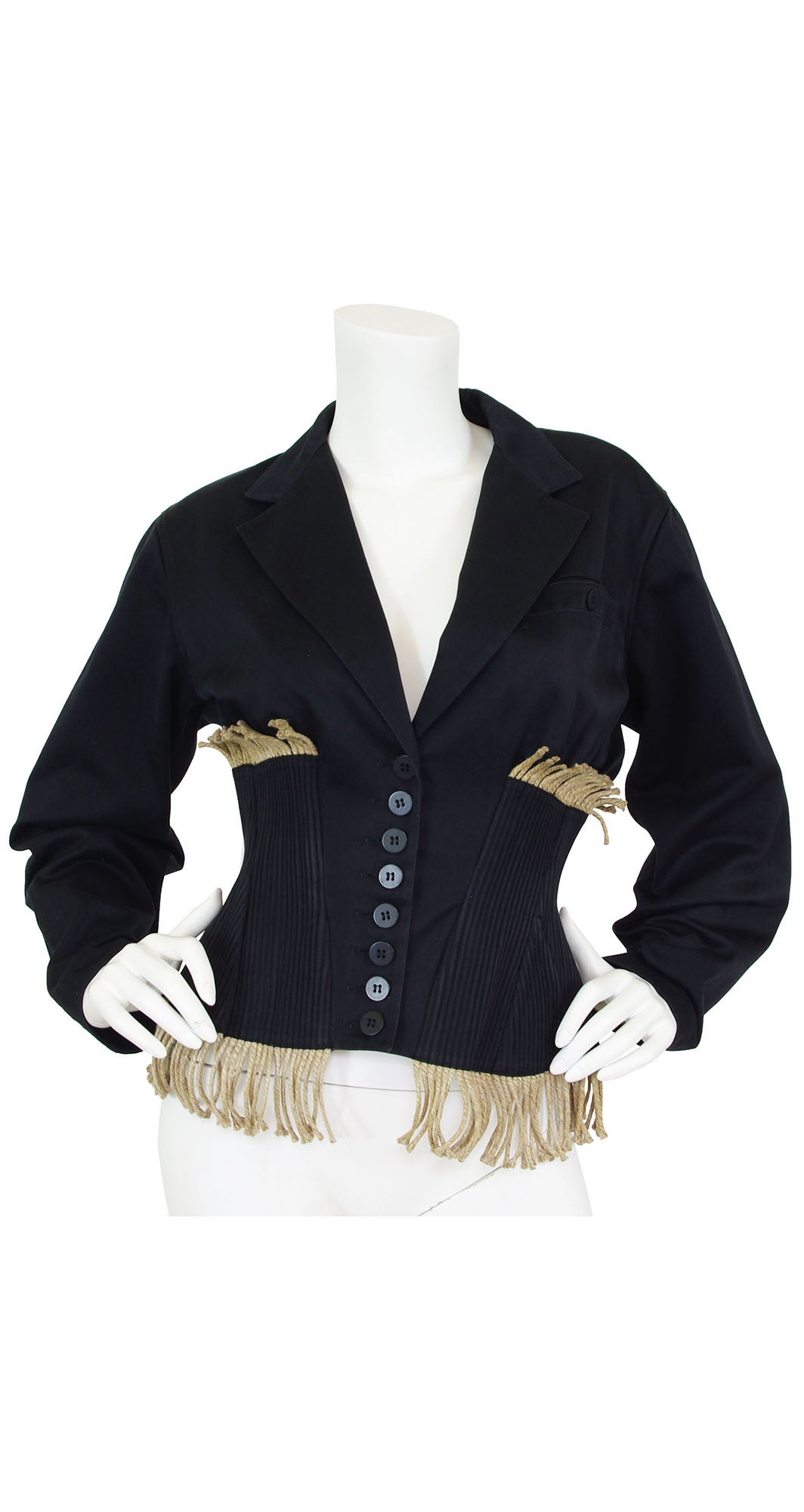 c. 1988 Twine Fringe Black Cotton Corset Jacket