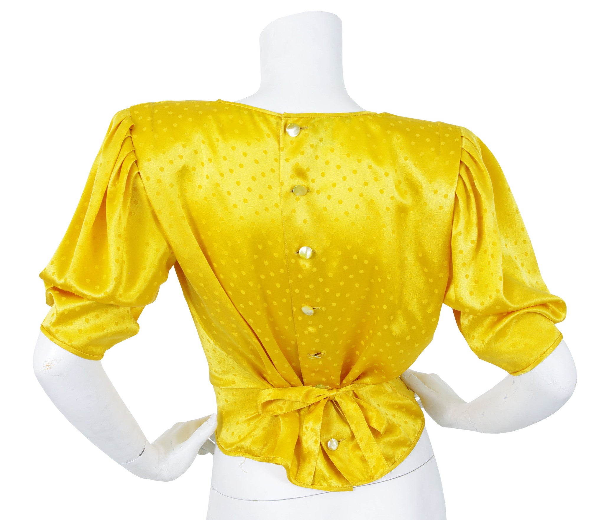 1986 Documented Yellow Polka-Dot Silk Puff Sleeve Blouse