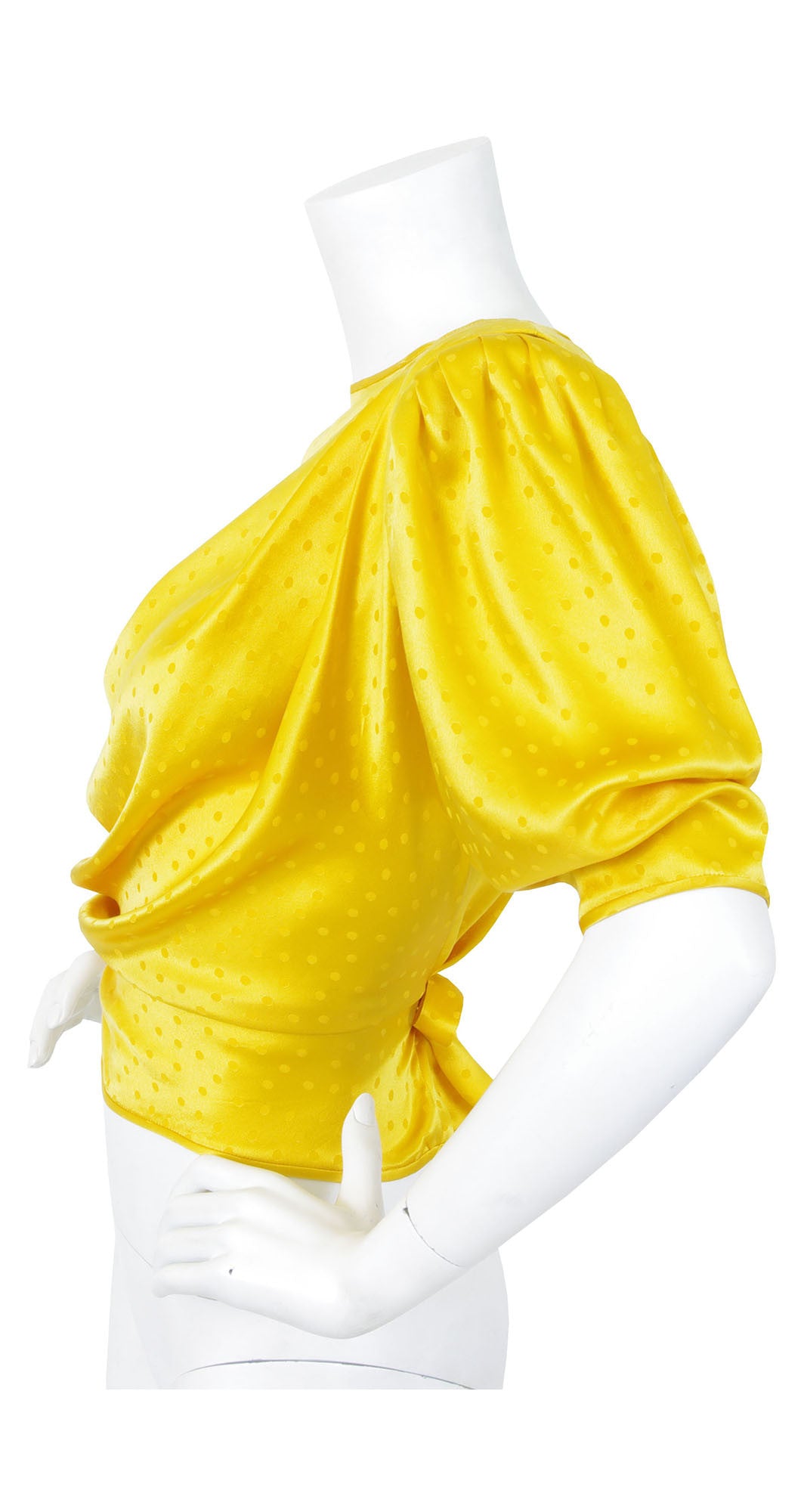 1986 Documented Yellow Polka-Dot Silk Puff Sleeve Blouse