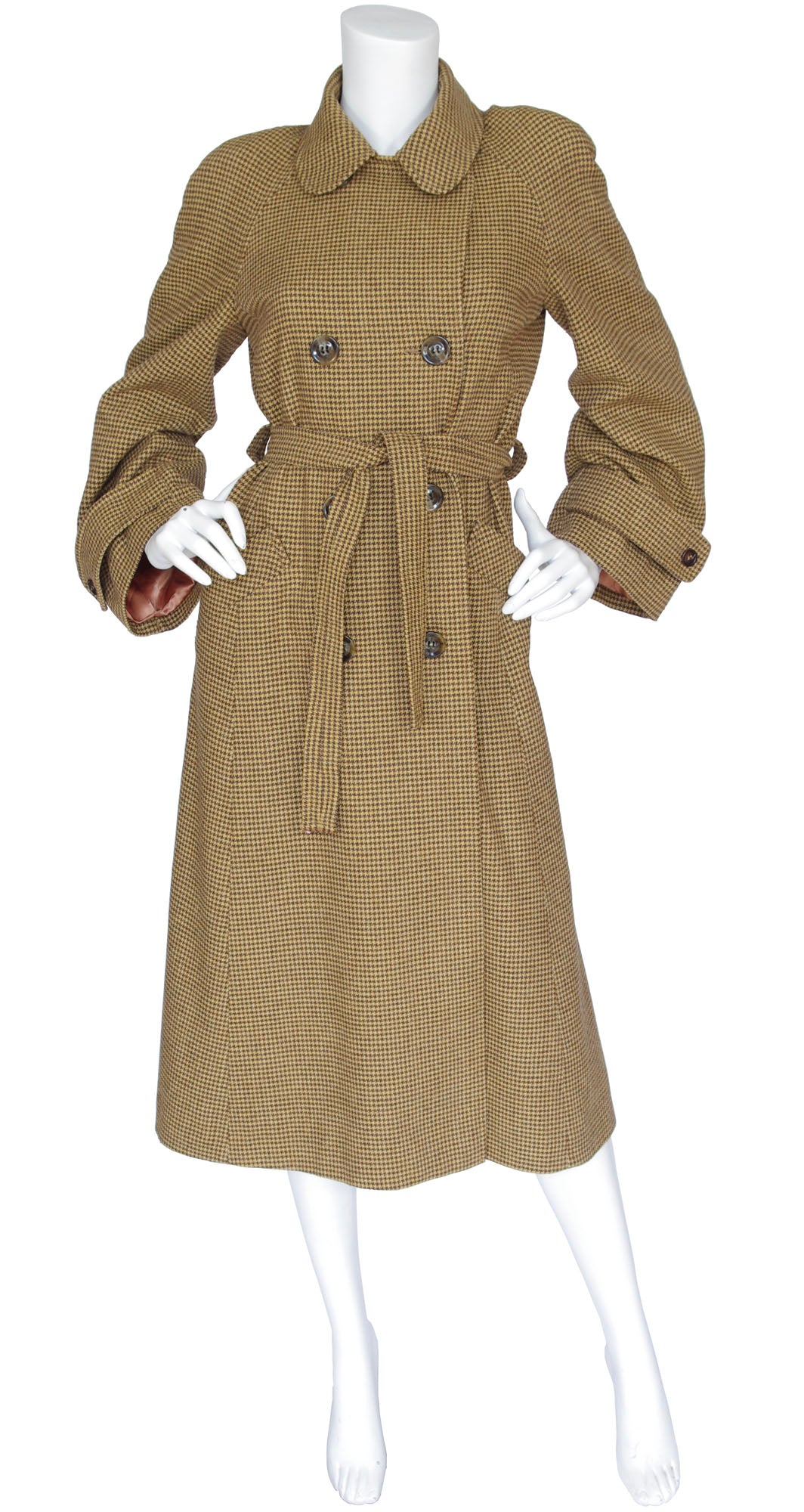 1970s does 1940s Beige Houndstooth Wool Trench Coat