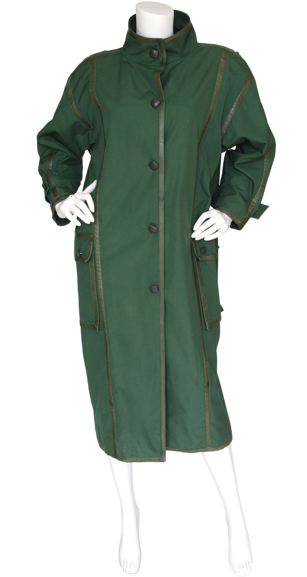 1980s Green Cotton & Leather Trim Oversized Coat