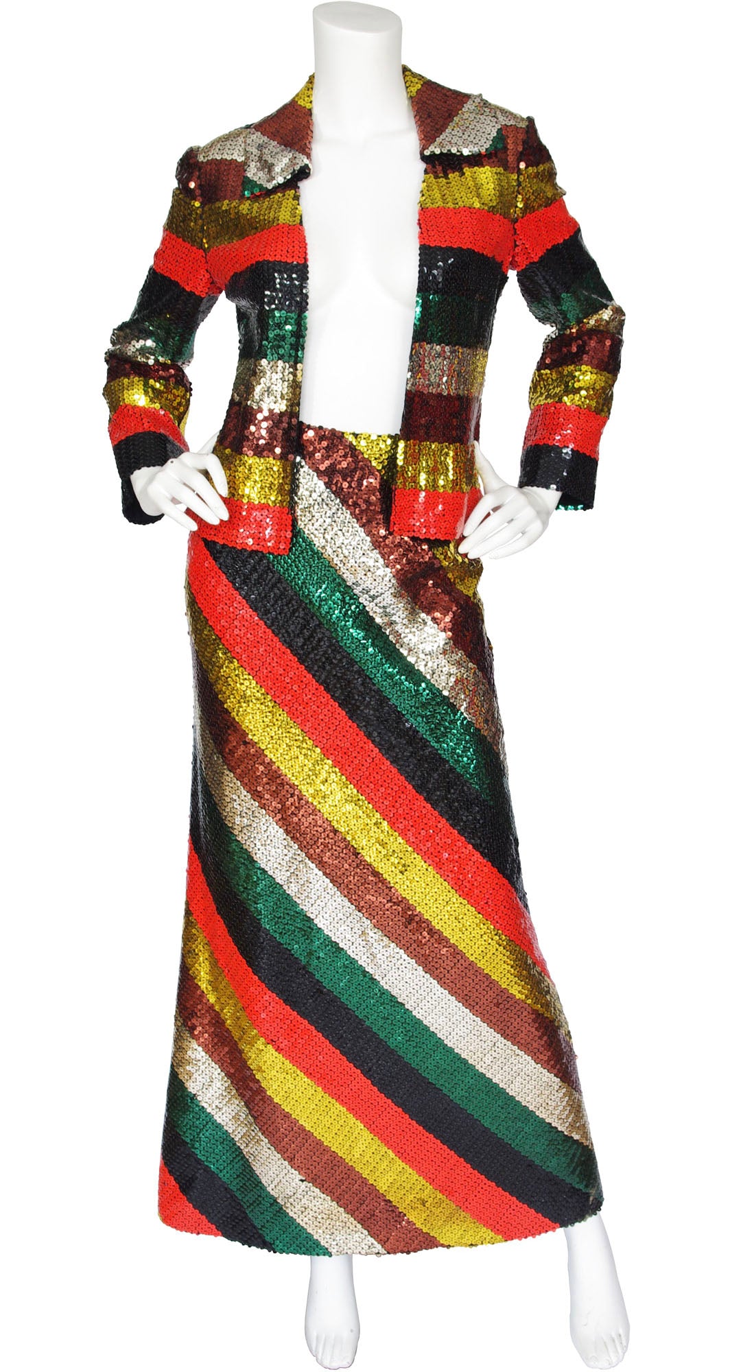 1970s Rainbow Striped Sequin Jacket & Maxi Skirt Set