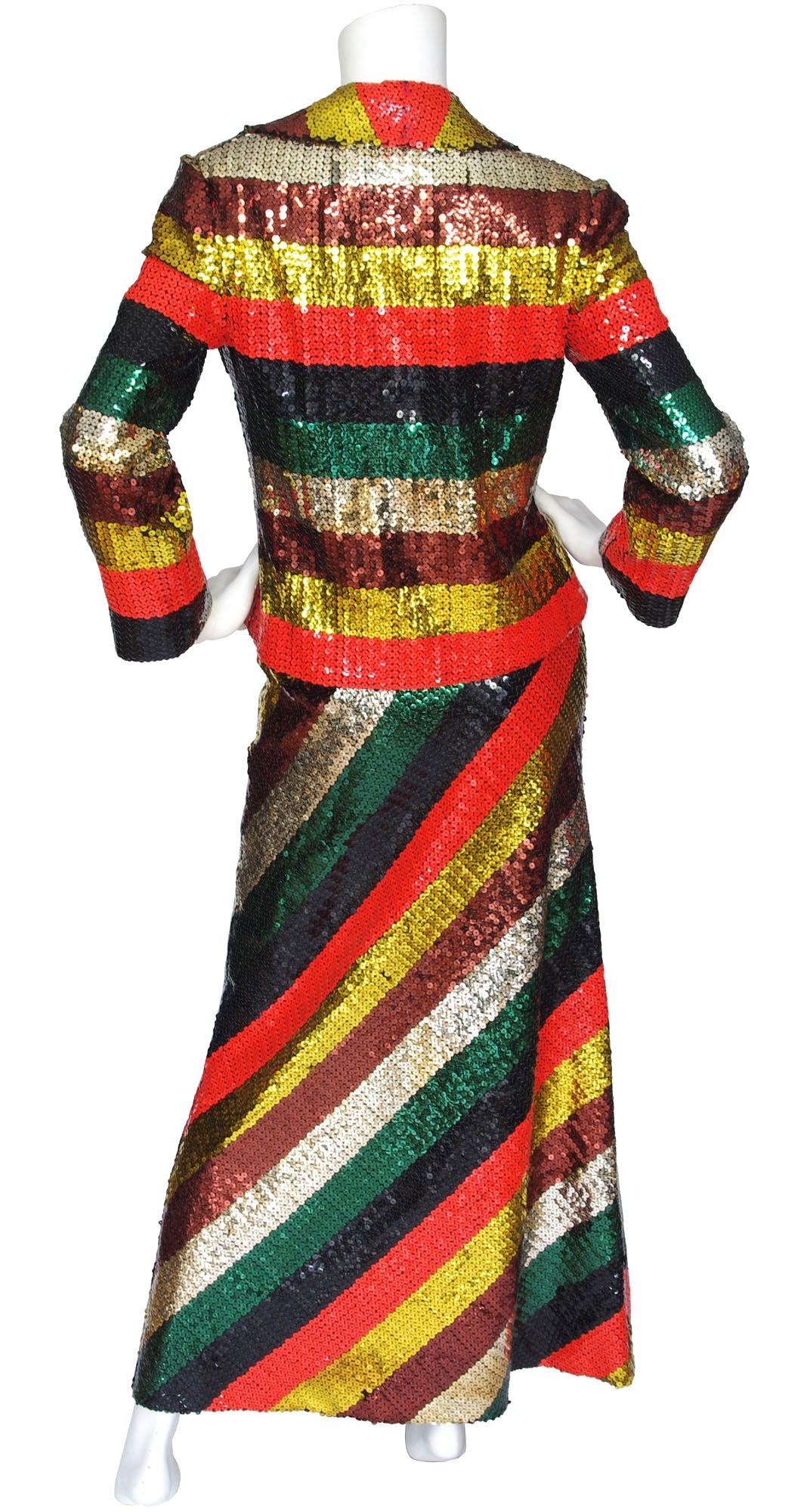 1970s Rainbow Striped Sequin Jacket & Maxi Skirt Set