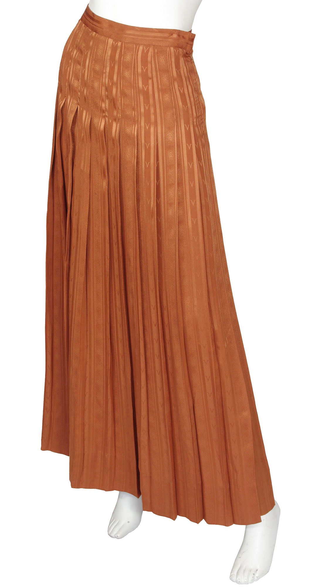 1970s "V" Pleated Rust Jacquard Silk Maxi Skirt