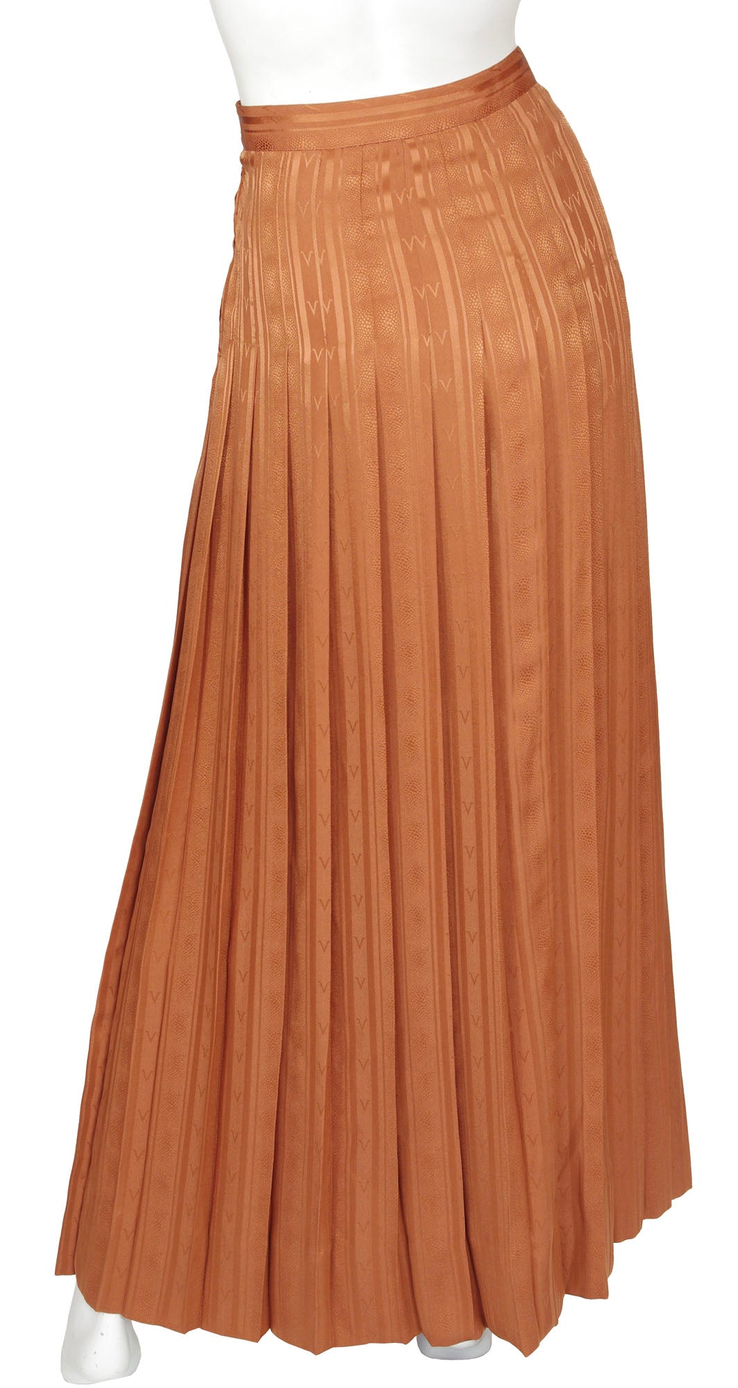 1970s "V" Pleated Rust Jacquard Silk Maxi Skirt