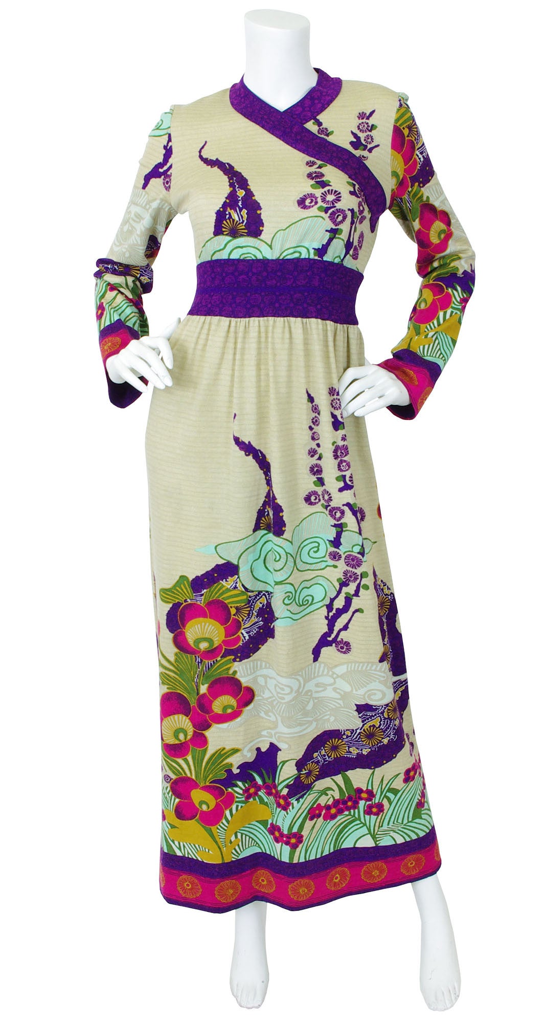 1970s Asian Influenced Wool Maxi Dress