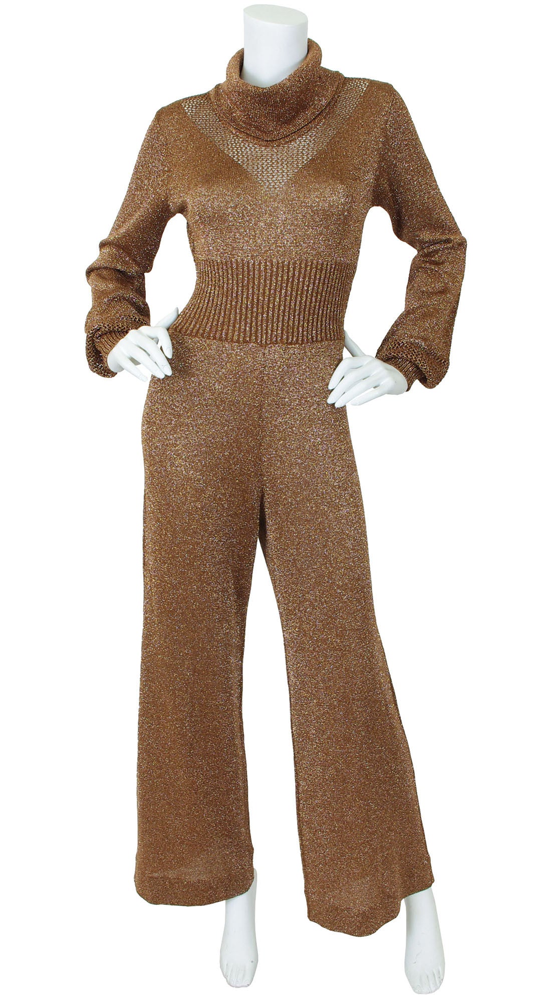 1970s Copper Metallic Knit Jumpsuit