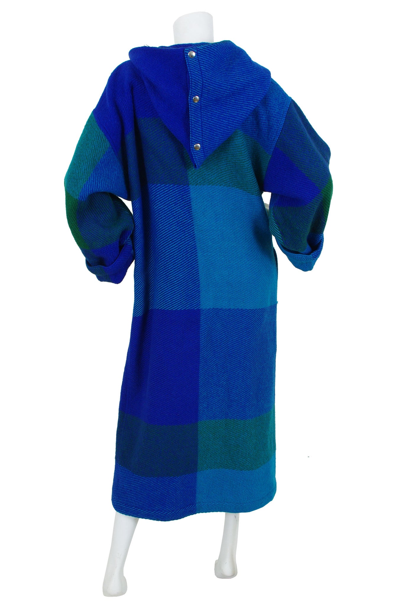 1980s Hooded Blue Plaid Wool Fringe Blanket Coat