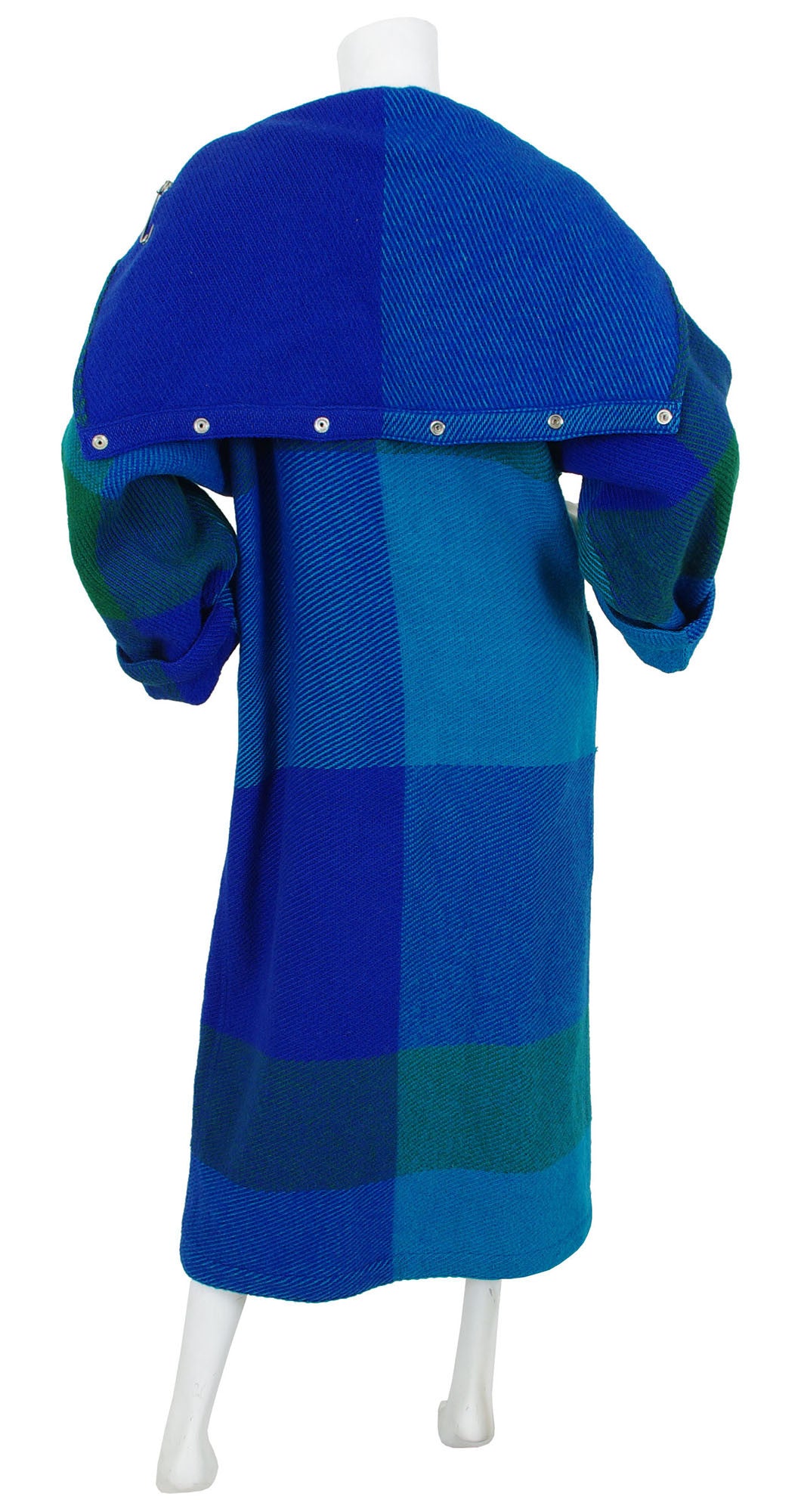 1980s Hooded Blue Plaid Wool Fringe Blanket Coat