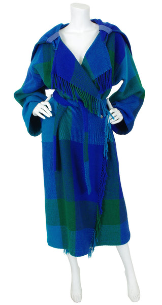 Jean-Charles de Castelbajac 1980's Hooded Blue Plaid Wool Fringe
