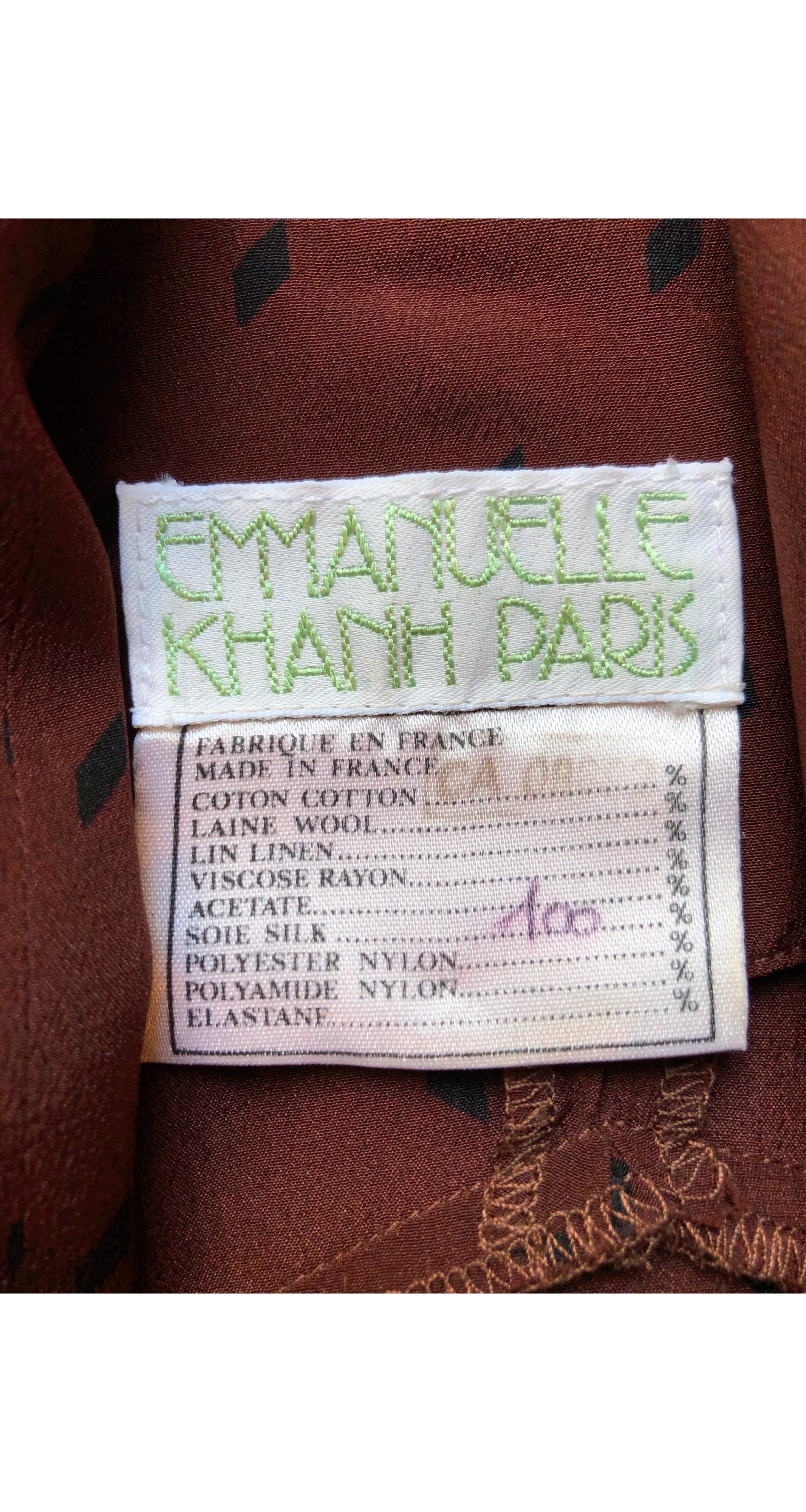 1980s Patterned Mahogany Silk Tie-Neck Blouse