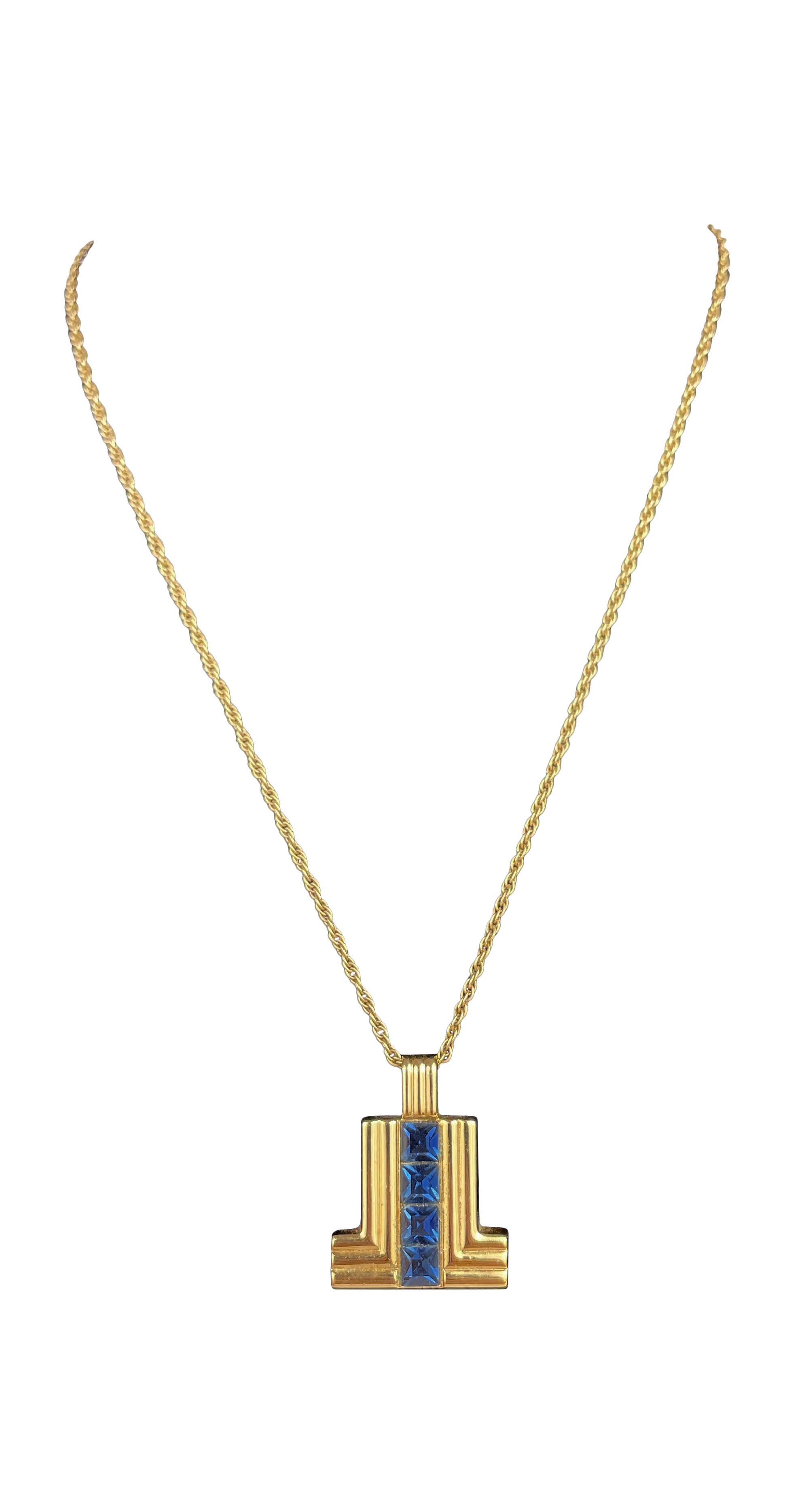 1980s "LL" Blue Rhinestone Gold-Tone Necklace