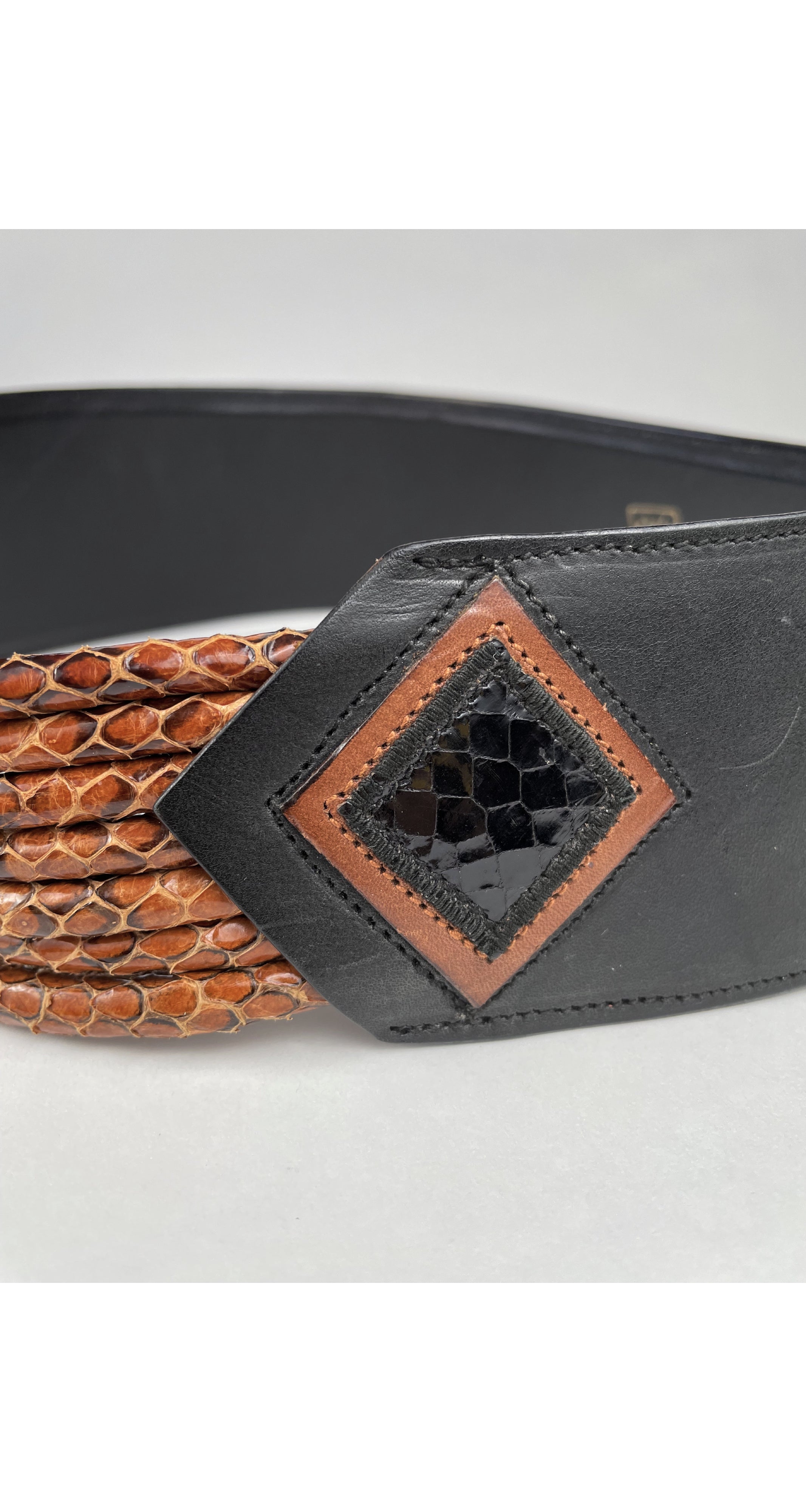 1980s Snakeskin Rope Wide Black Leather Belt