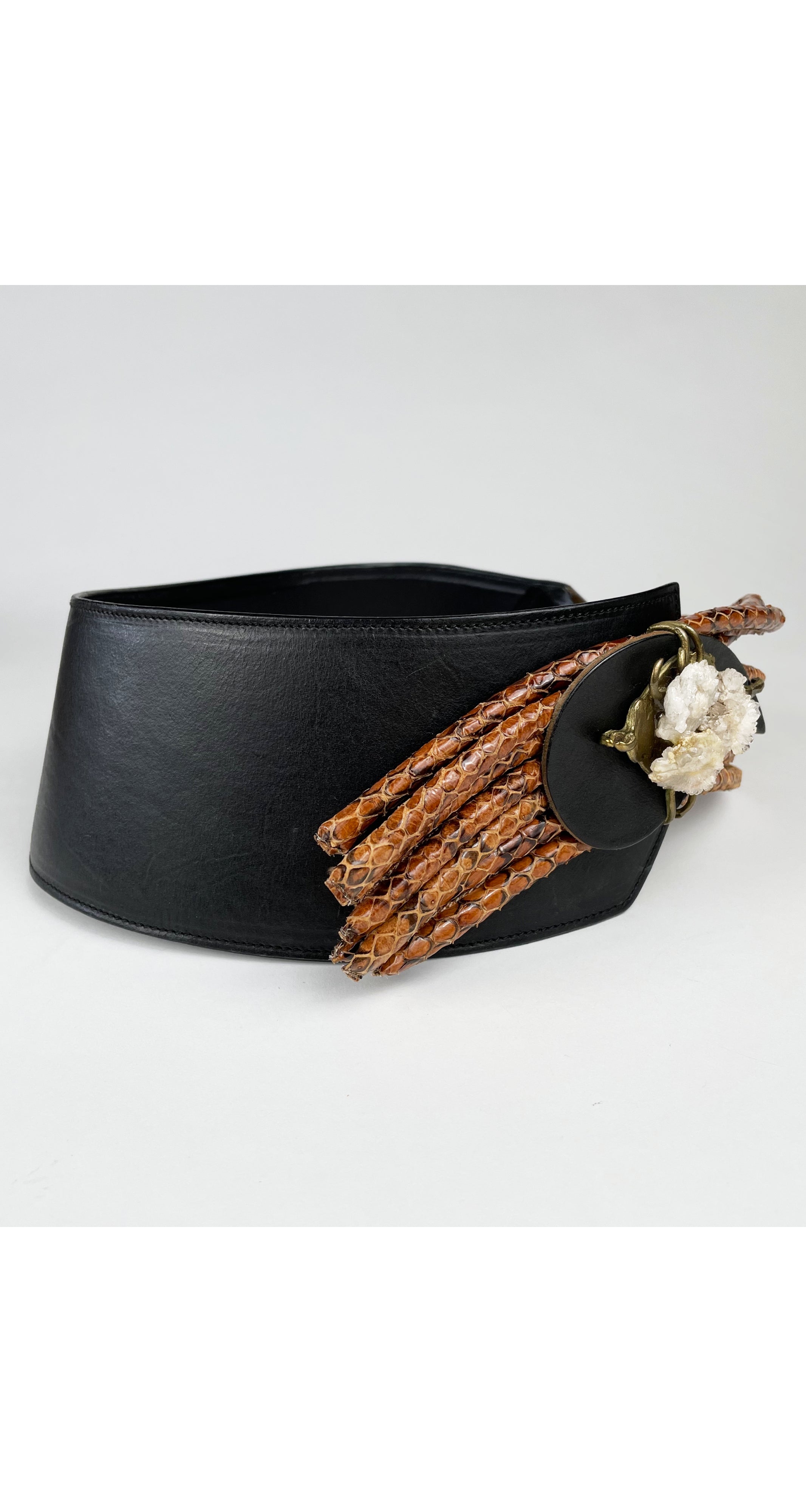 1980s Snakeskin Rope Wide Black Leather Belt