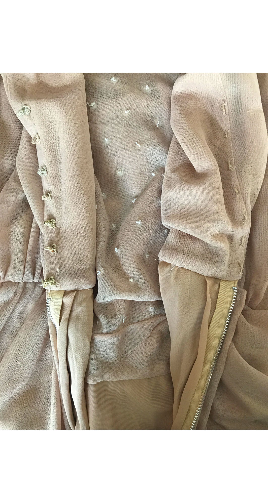 1970s Seductive Sheer Bust Beaded Nude Chiffon Evening Dress