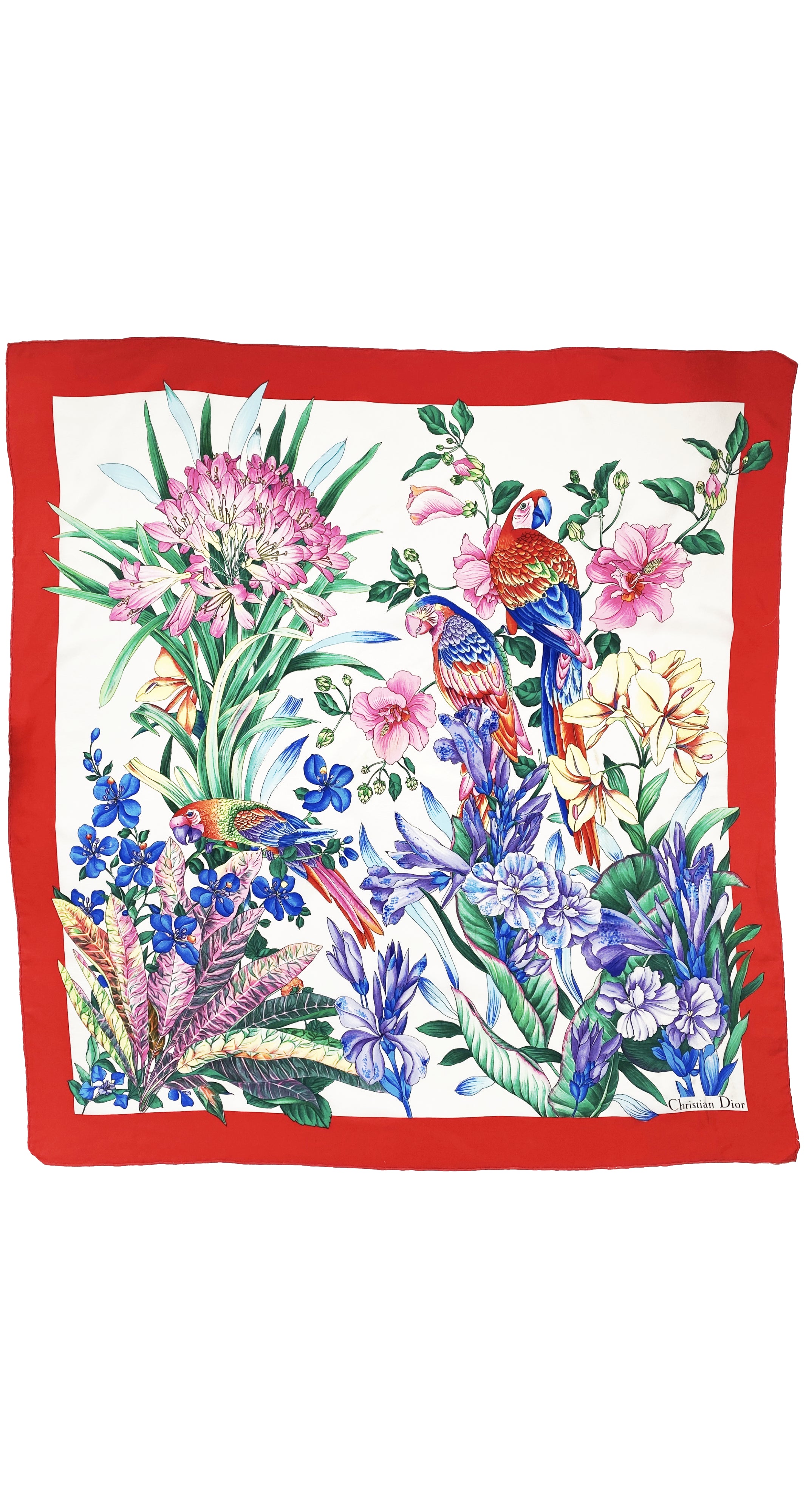 1980s Macaw Parrot Jungle Print Silk Scarf