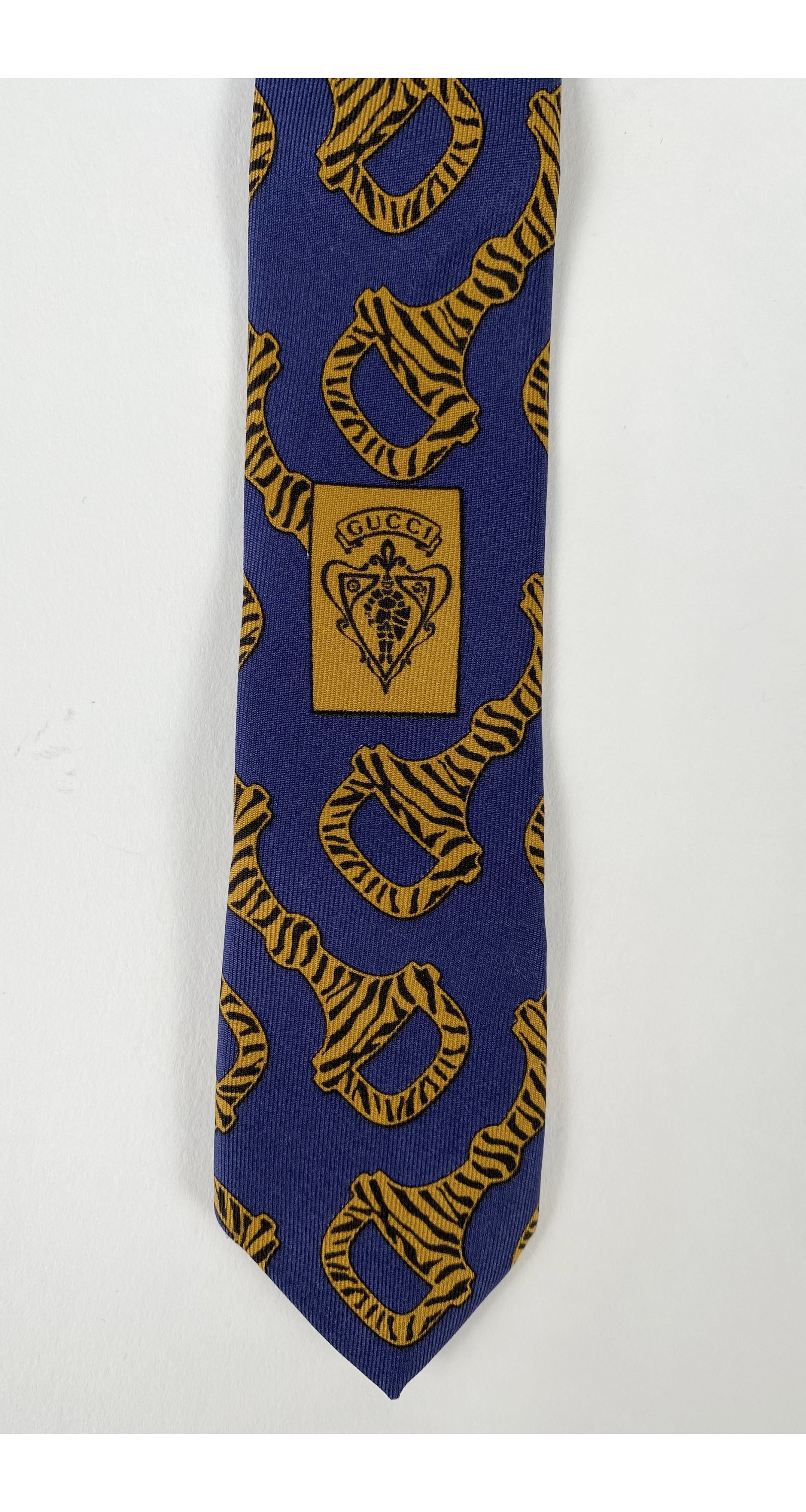 1990s Zebra Print Horsebit Blue Silk Twill Men's Tie
